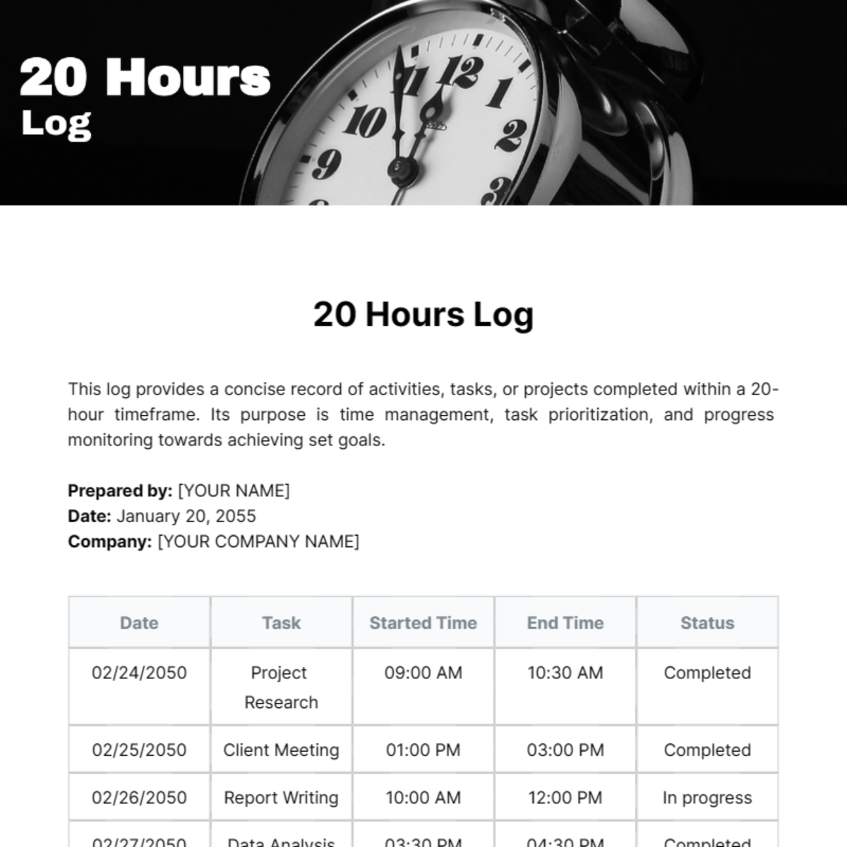 Free 20 Hours Log Template