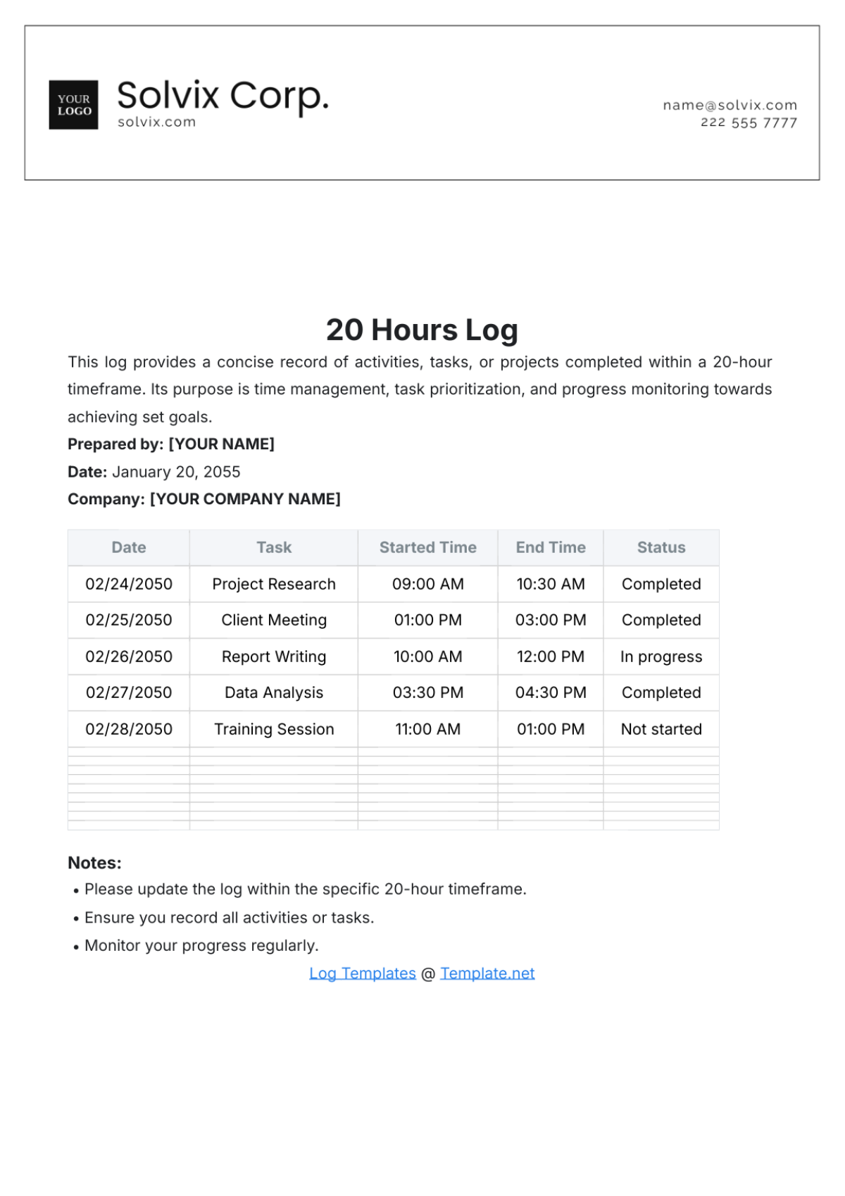 20 Hours Log Template - Edit Online & Download