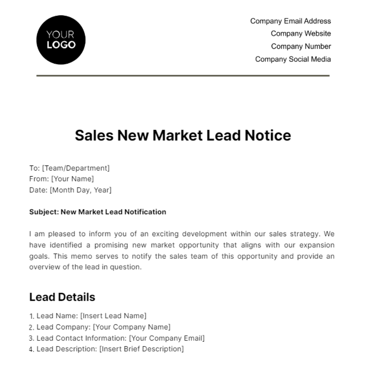 Sales New Market Lead Notice Template