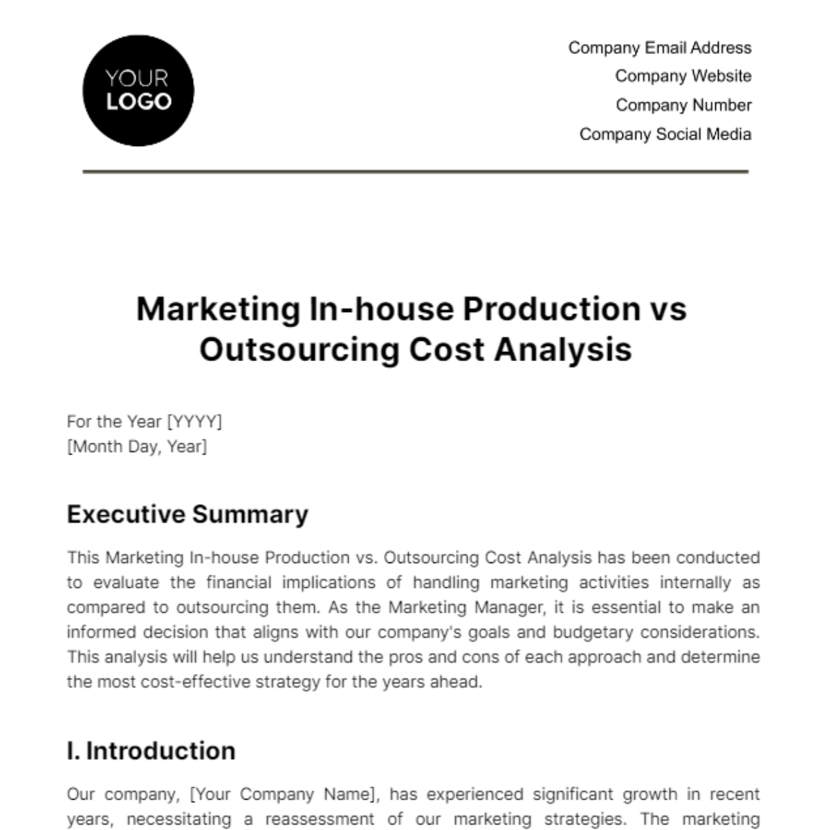 Free Marketing In-house Production vs Outsourcing Cost Analysis Template