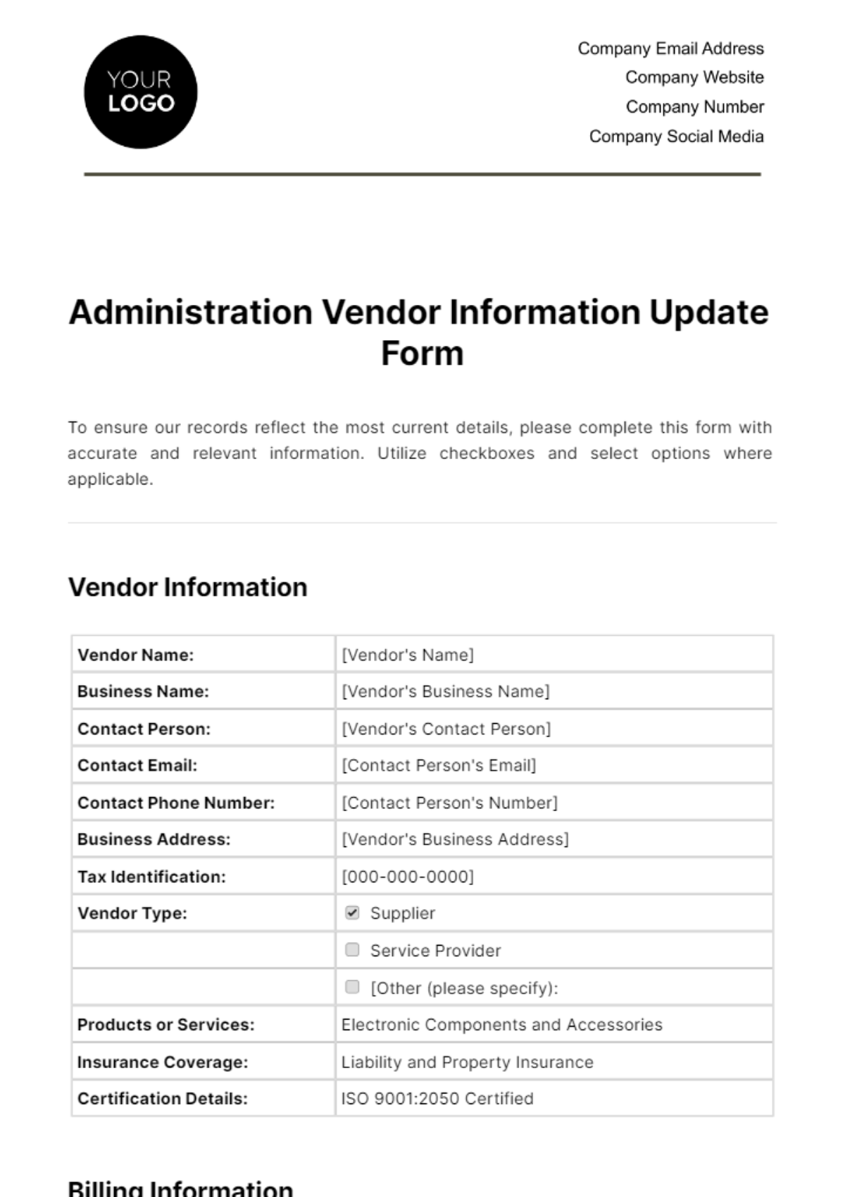 Administration Vendor Information Update Form Template