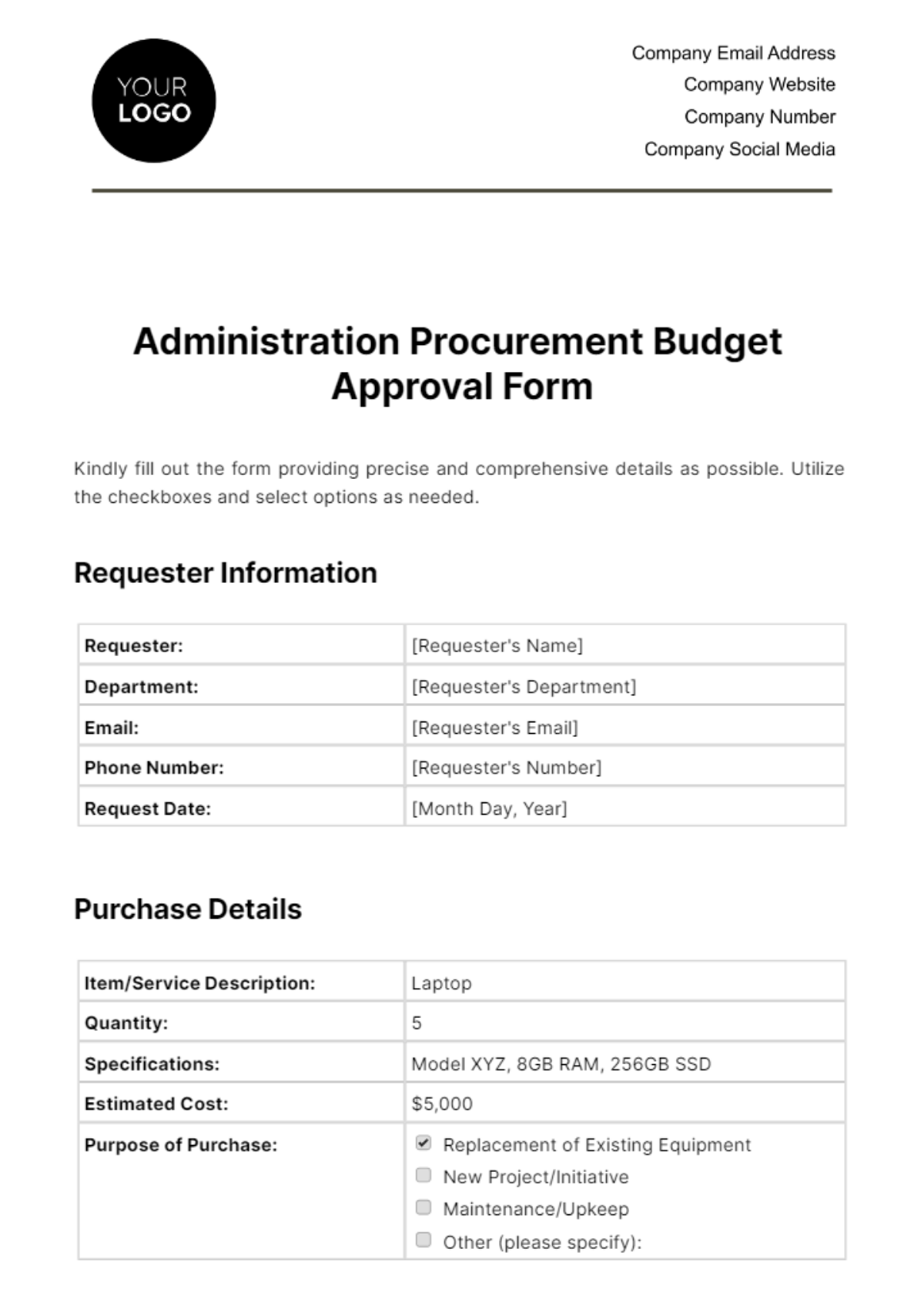 Free Administration Procurement Budget Approval Form Template