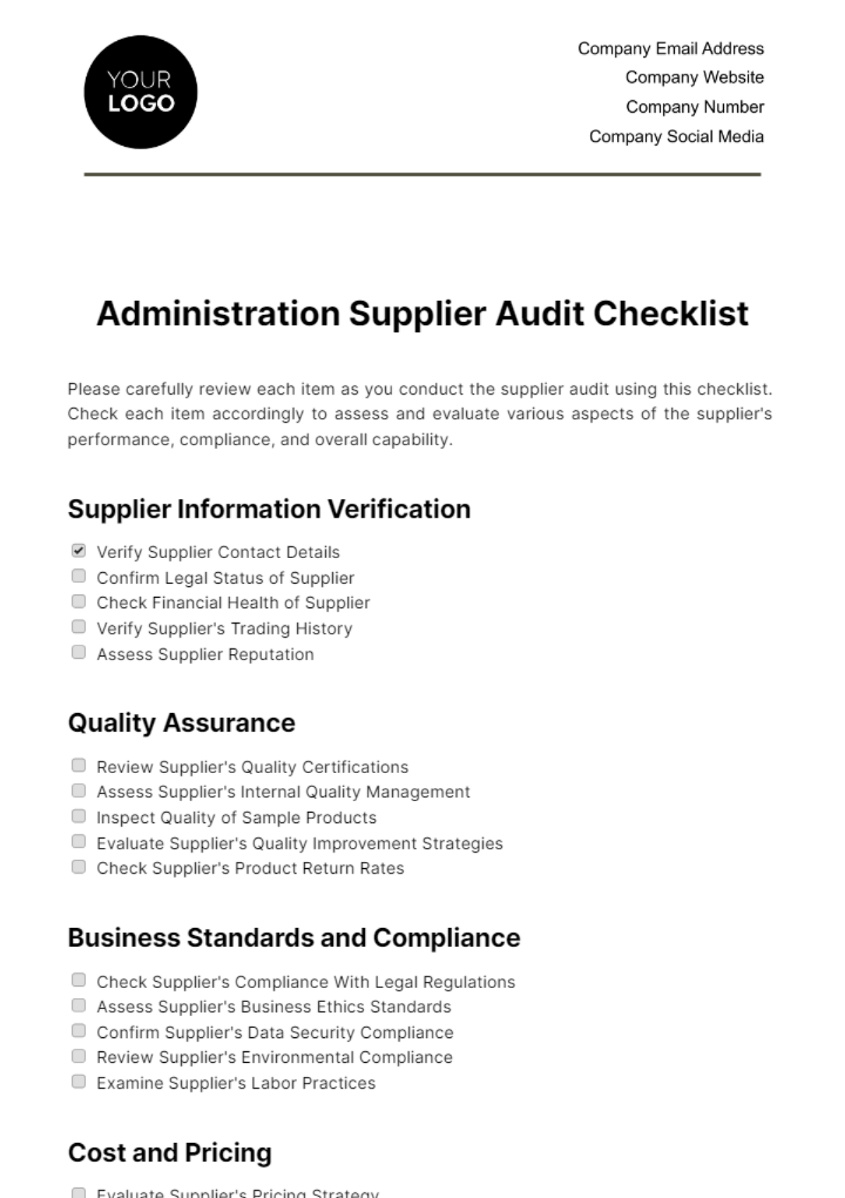 Free Administration Supplier Audit Checklist Template
