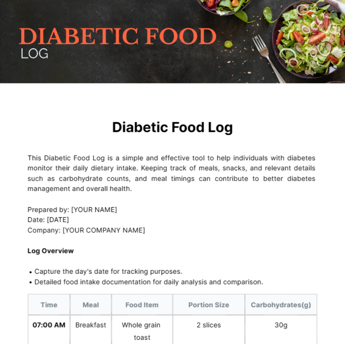 Diabetic Food Log Template