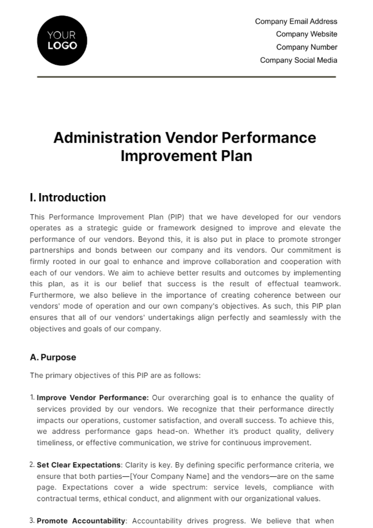 Free Administration Vendor Performance Improvement Plan Template
