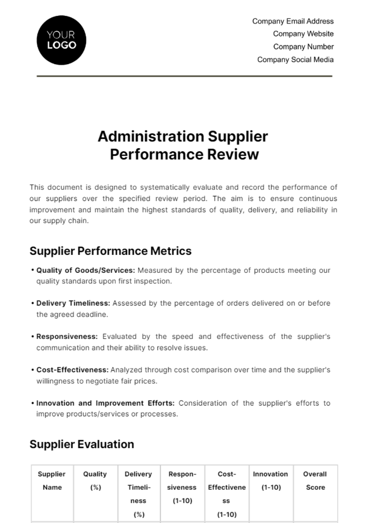 Free Administration Supplier Performance Review Template