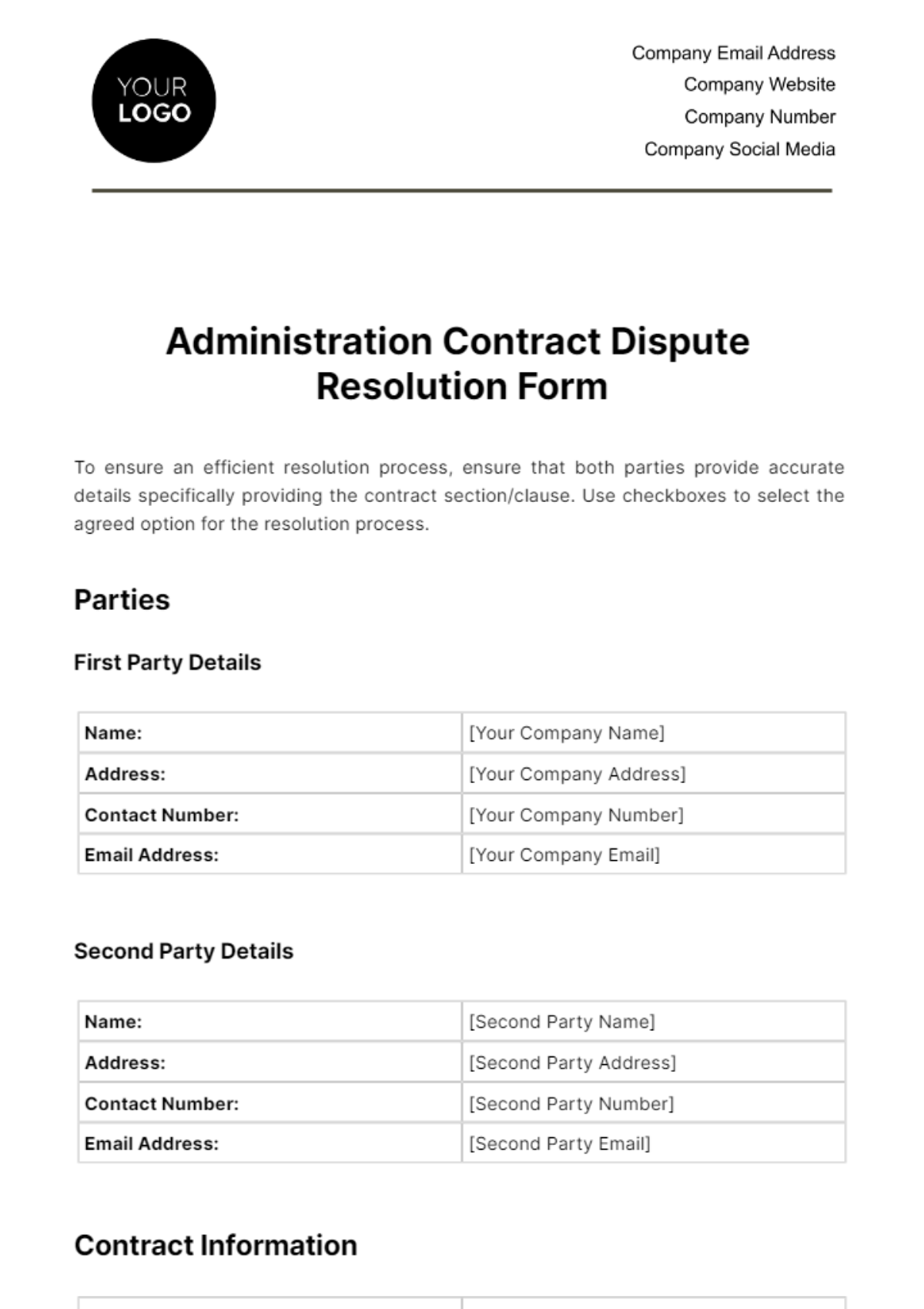 Free Administration Contract Dispute Resolution Form Template