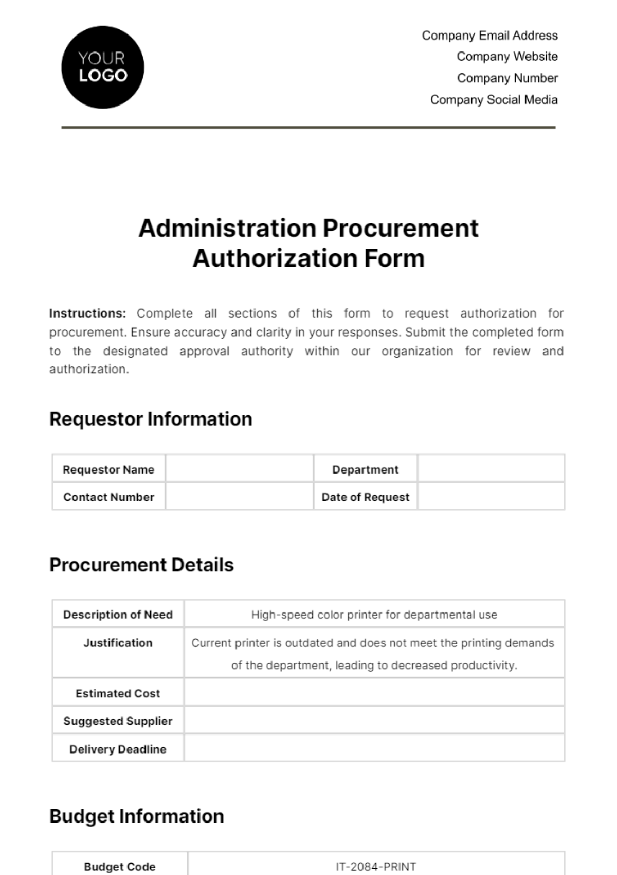 Free Administration Procurement Authorization Form Template