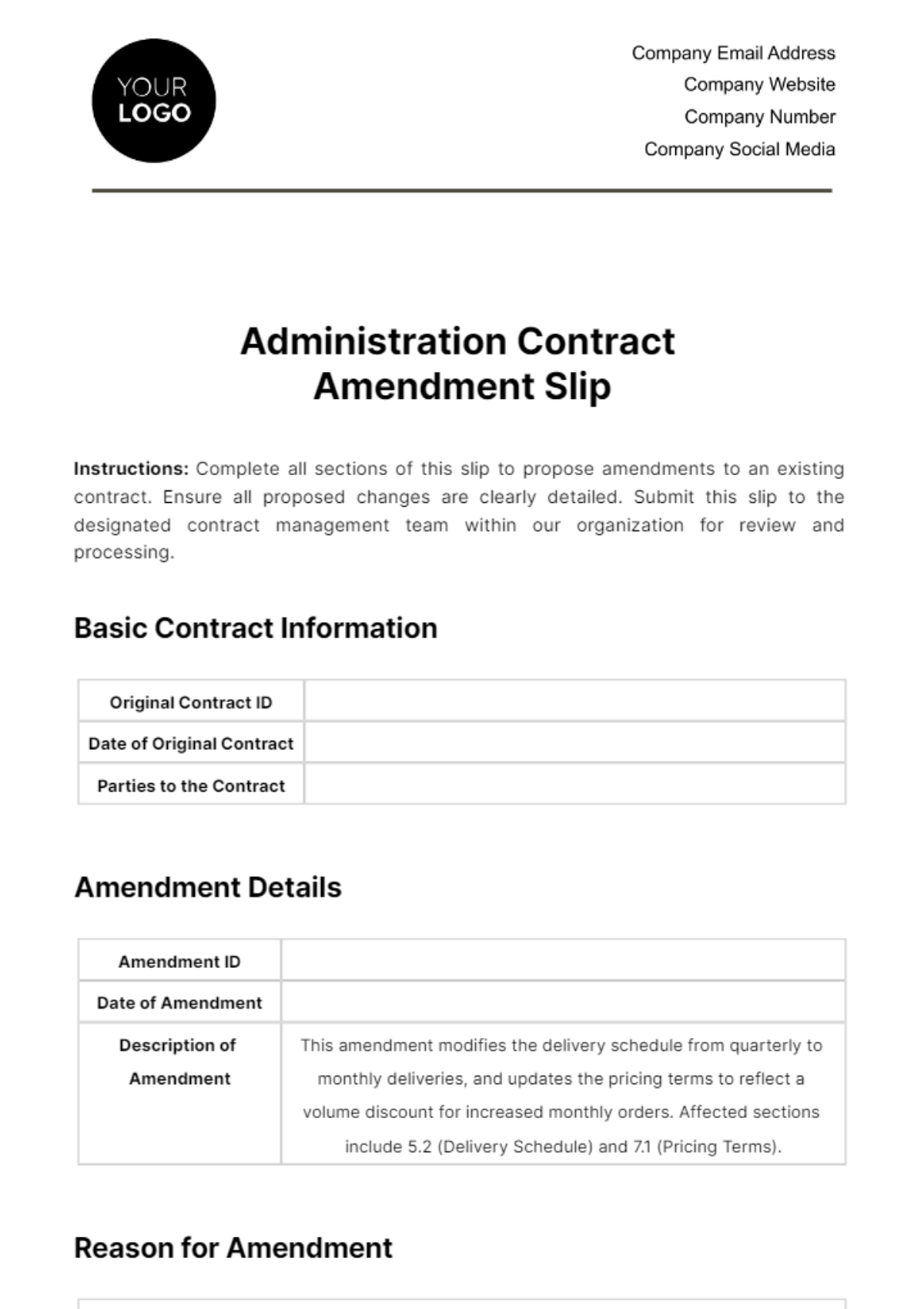 Free Administration Contract Amendment Slip Template