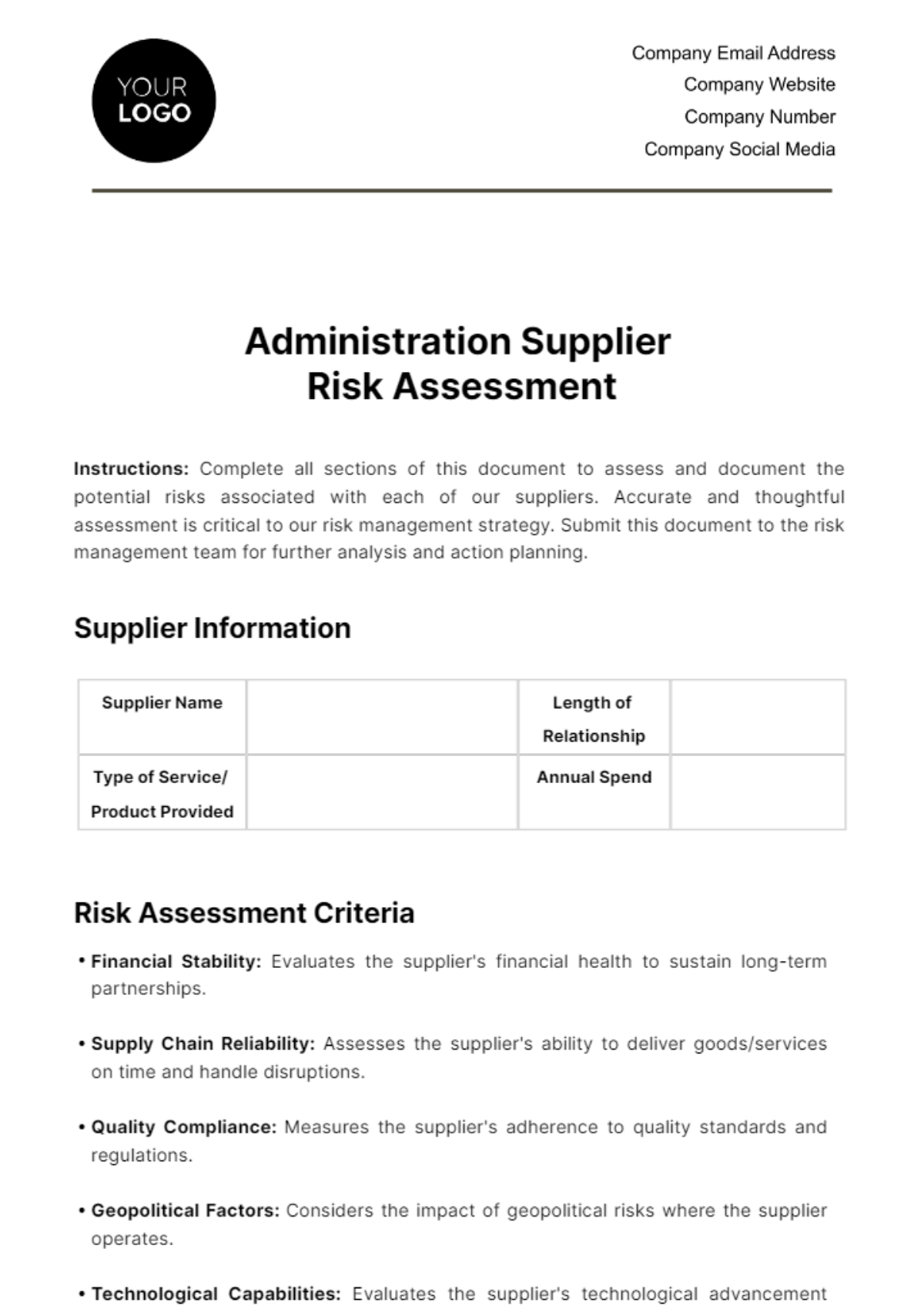 Free Administration Supplier Risk Assessment Template