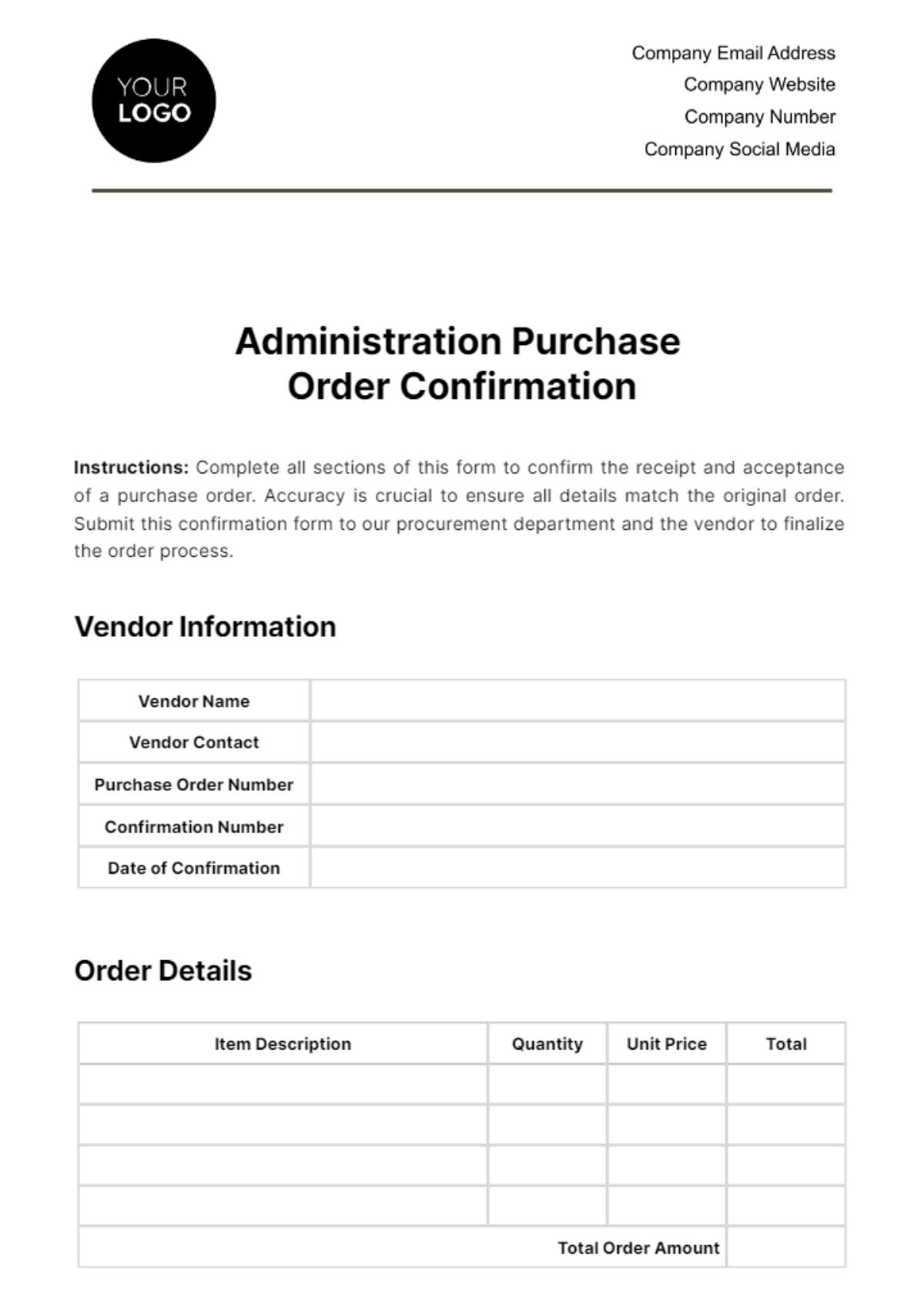 Administration Purchase Order Confirmation Template