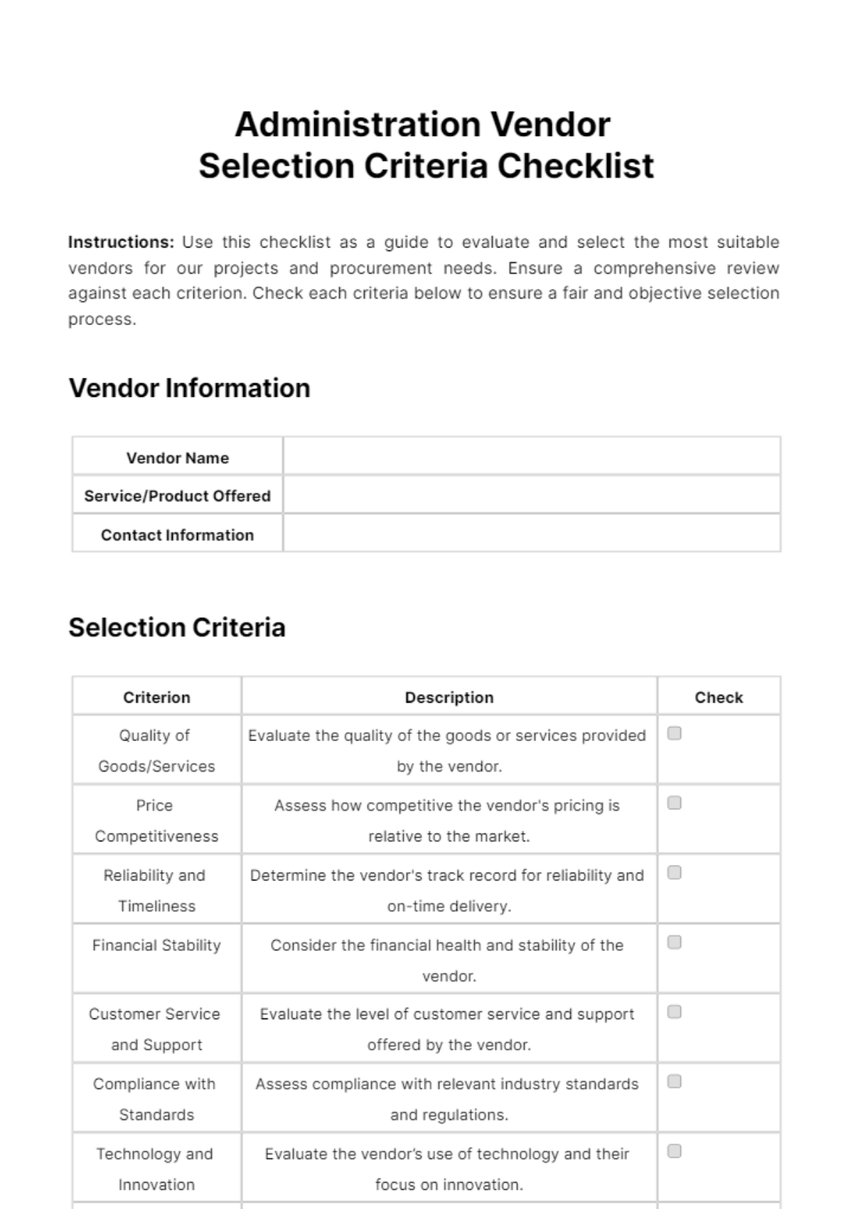 Administration Vendor Selection Criteria Checklist Template