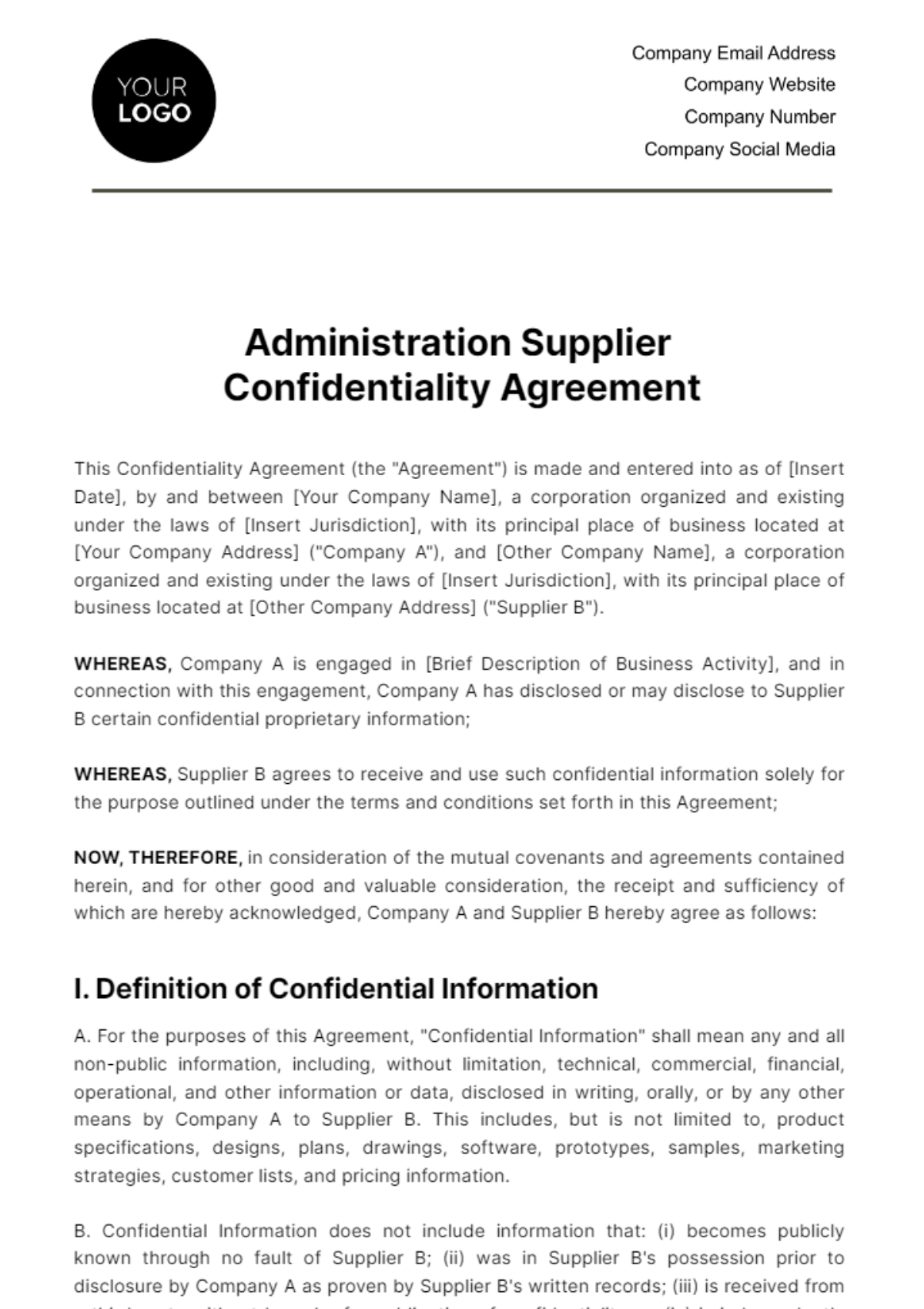 Free Administration Supplier Confidentiality Agreement Template
