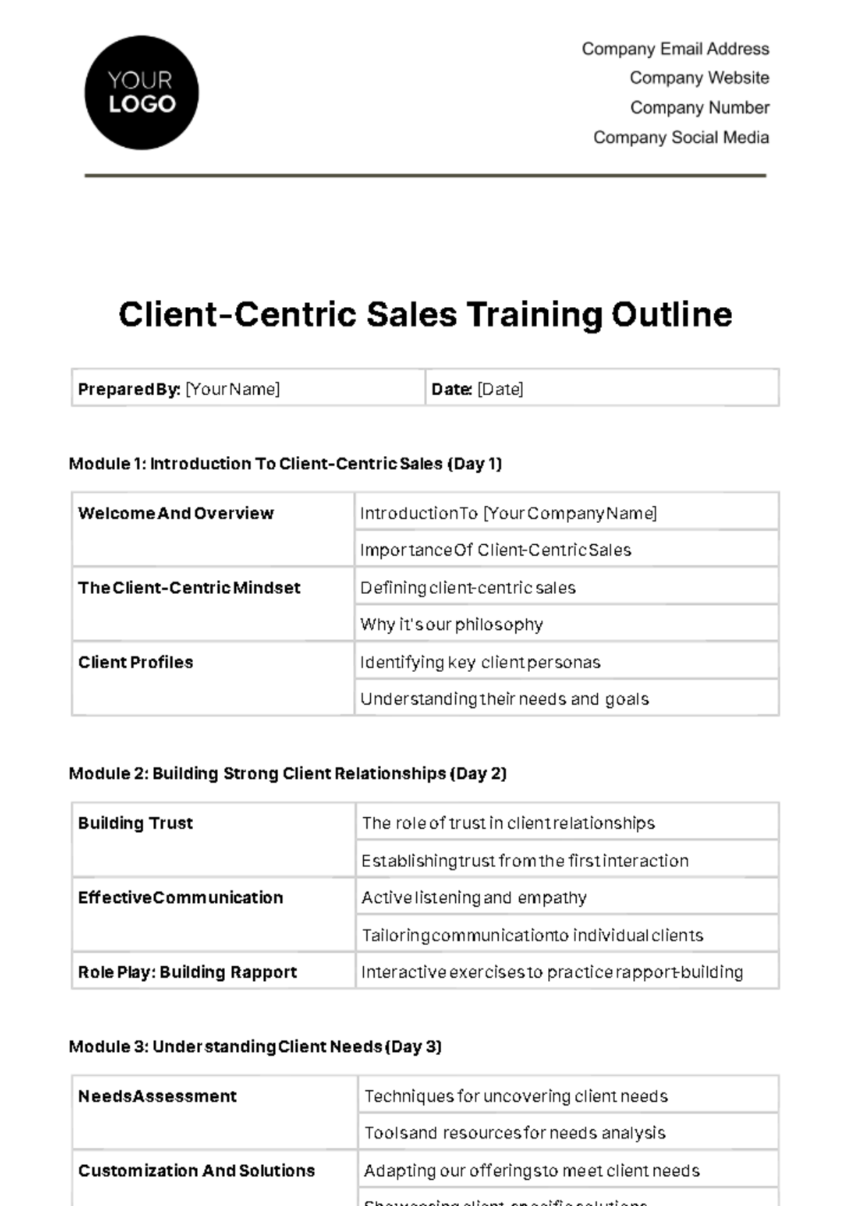 Client-centric Sales Training Outline Template
