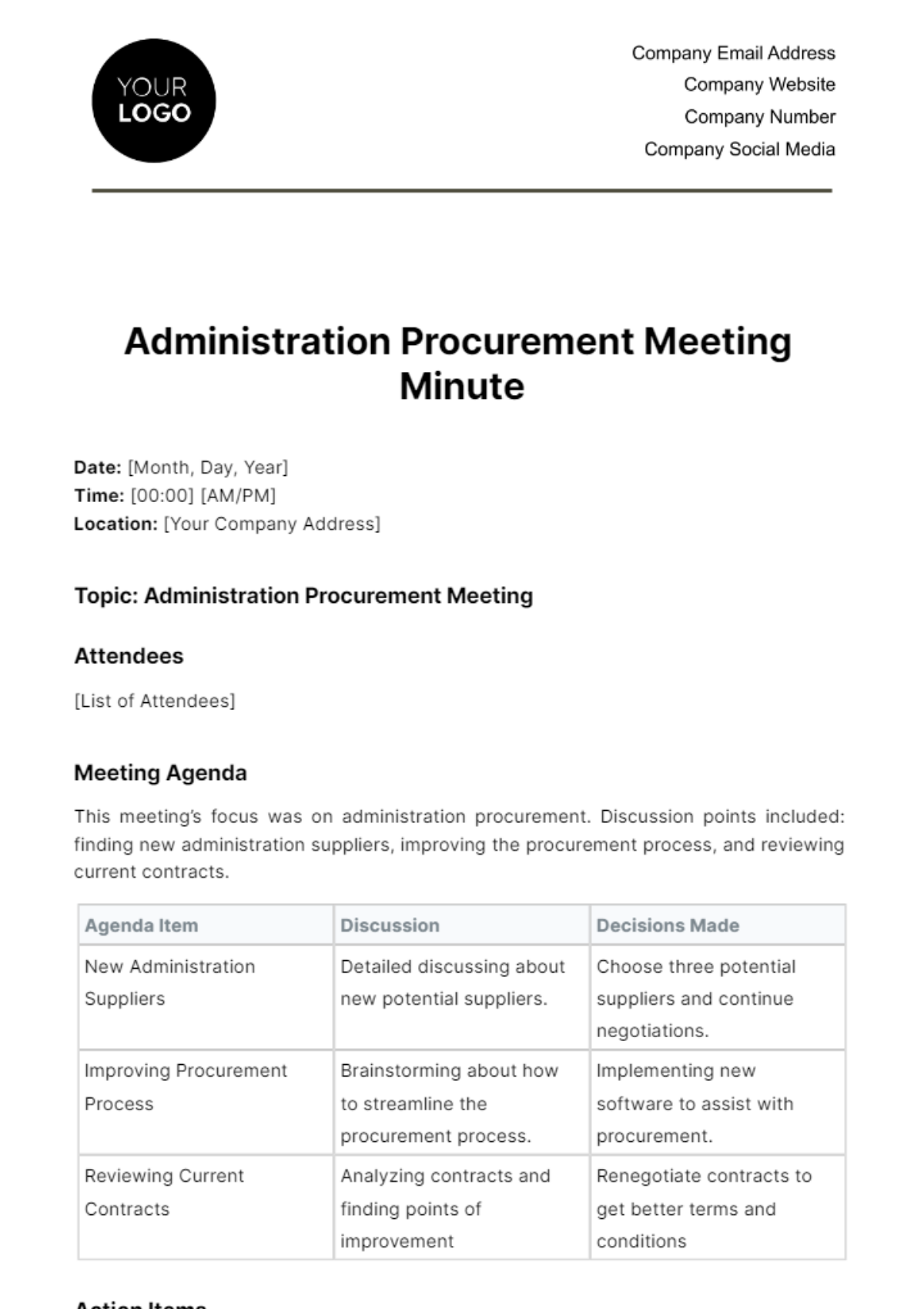 Free Administration Procurement Meeting Minute Template