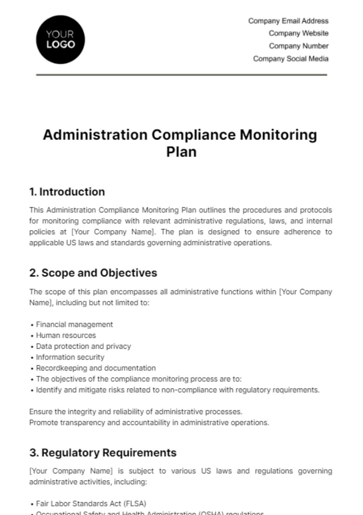 Free Administration Compliance Monitoring Plan Template
