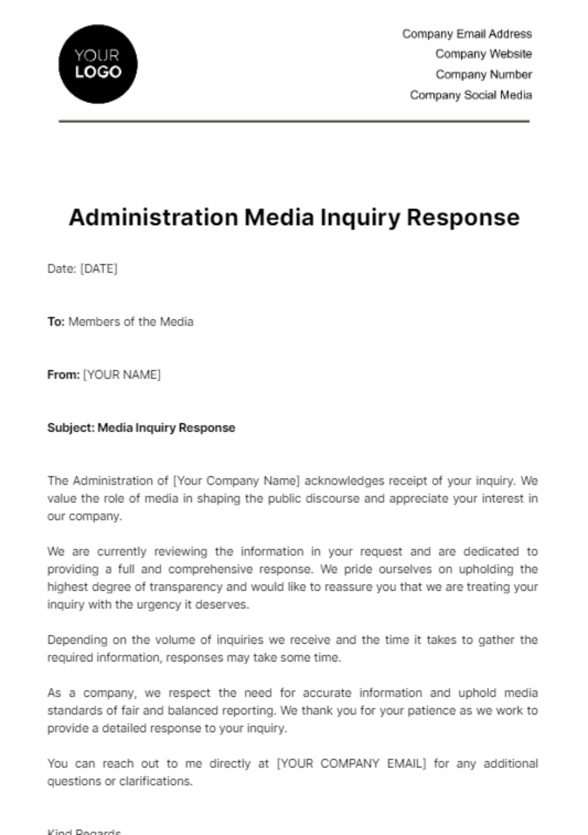 Free Administration Media Inquiry Response Template