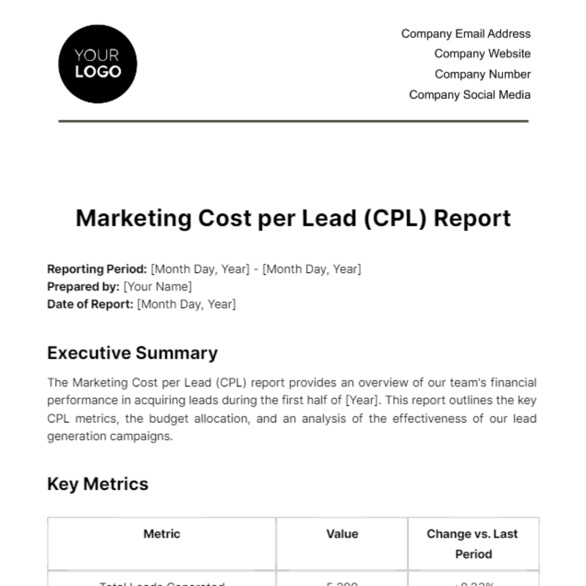 Marketing Cost per Lead (CPL) Report Template