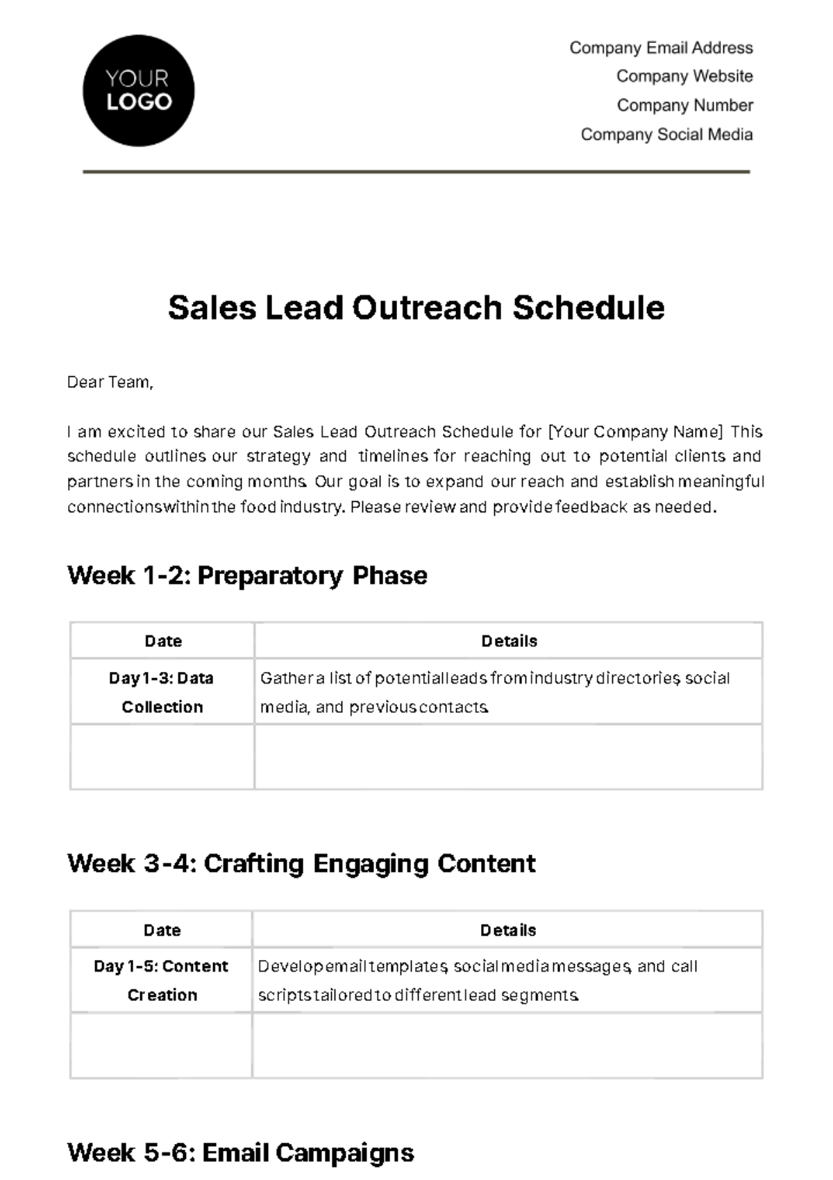 Sales Lead Outreach Schedule Template