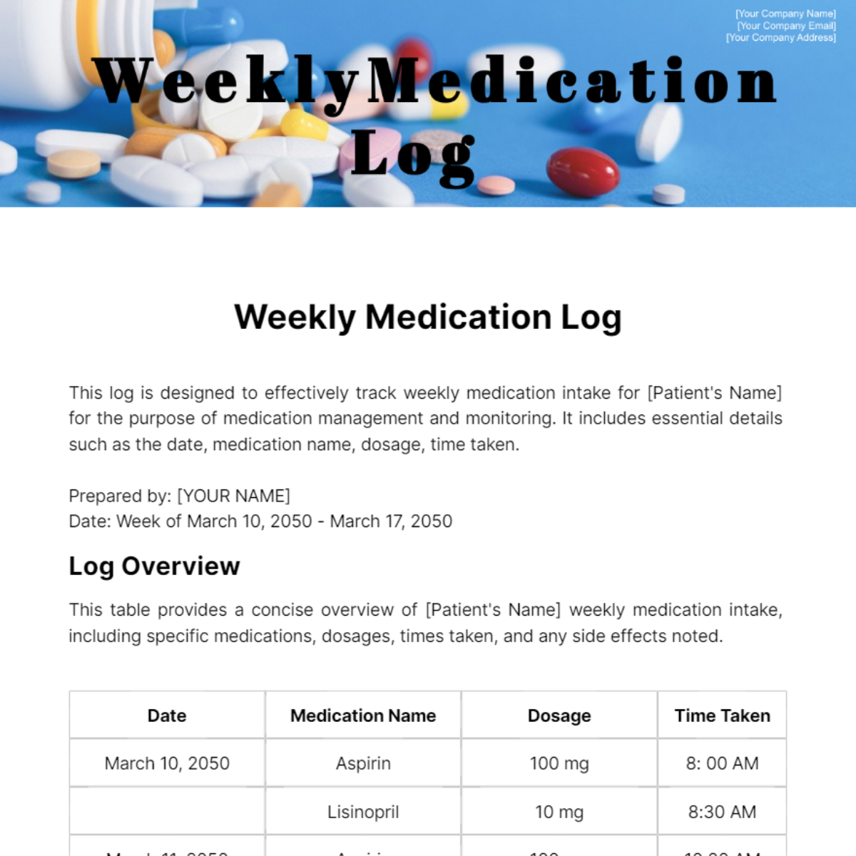 Weekly Medication Log Template
