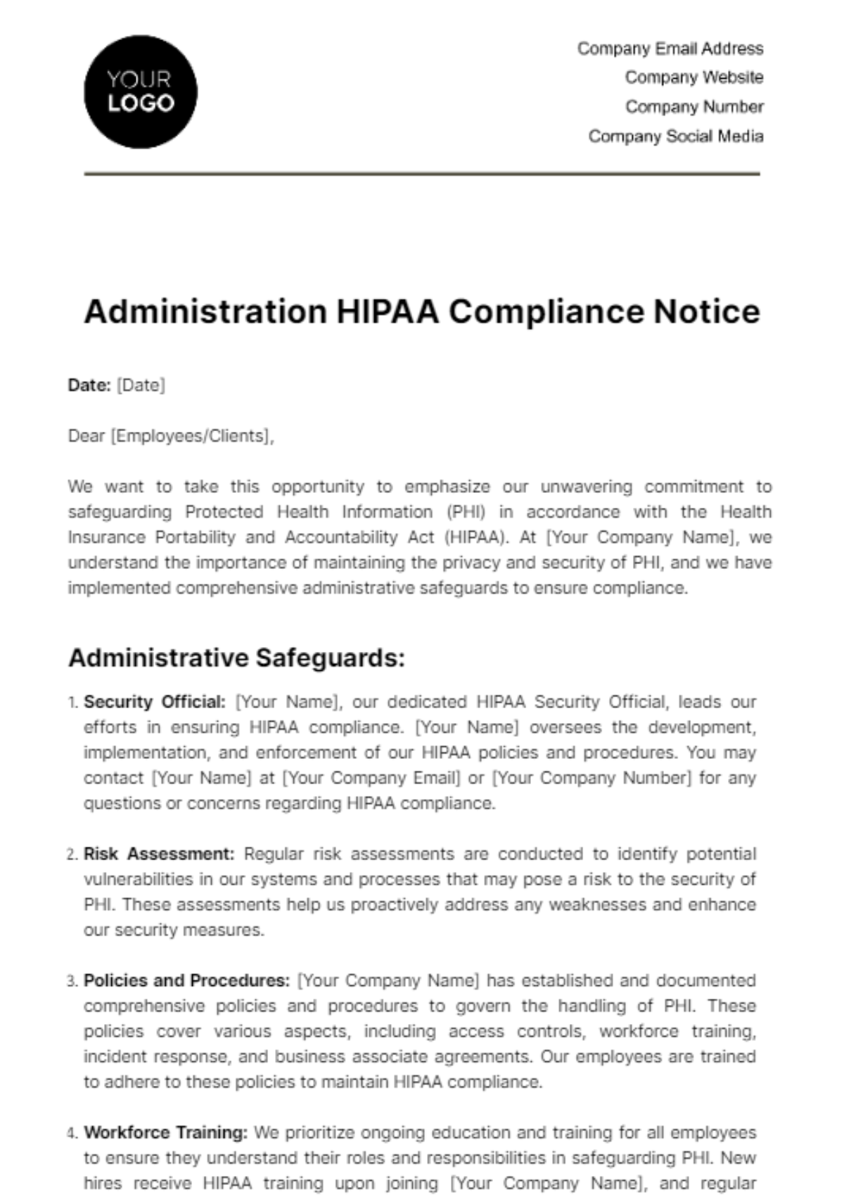 Administration HIPAA Compliance Notice Template