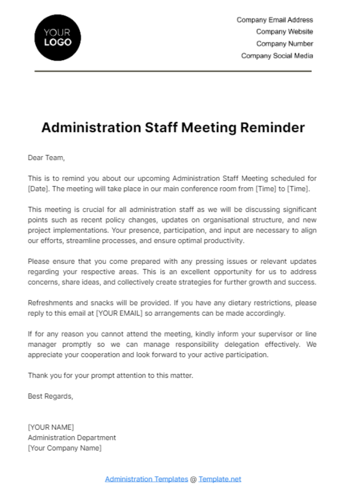 Free Administration Staff Meeting Reminder Template