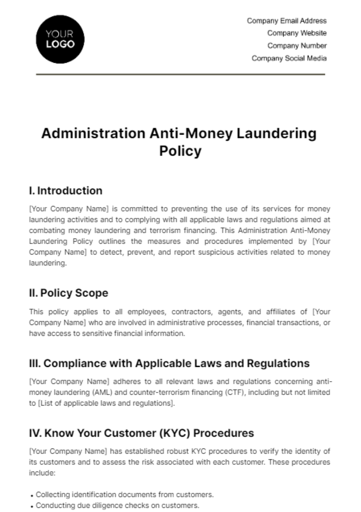 Free Administration Anti-Money Laundering Policy Template