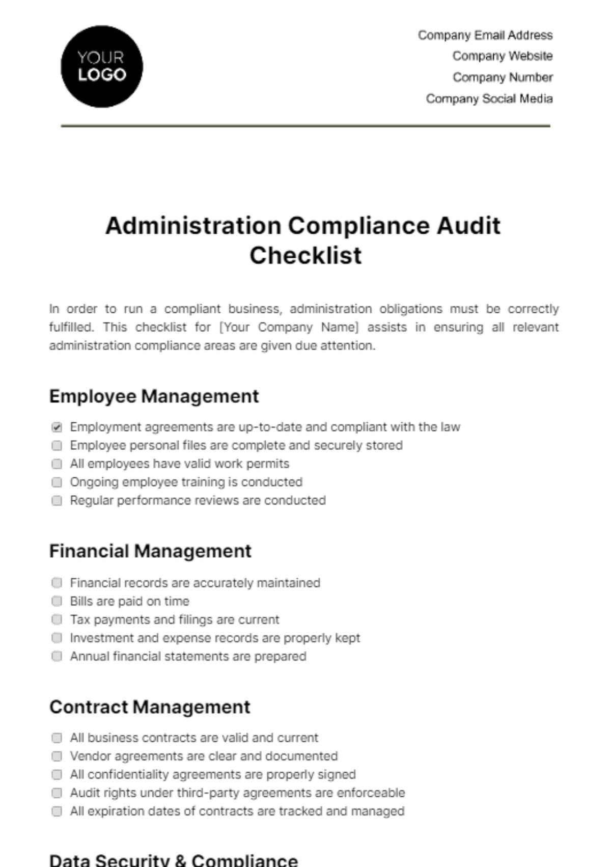 Free Administration Compliance Audit Checklist Template