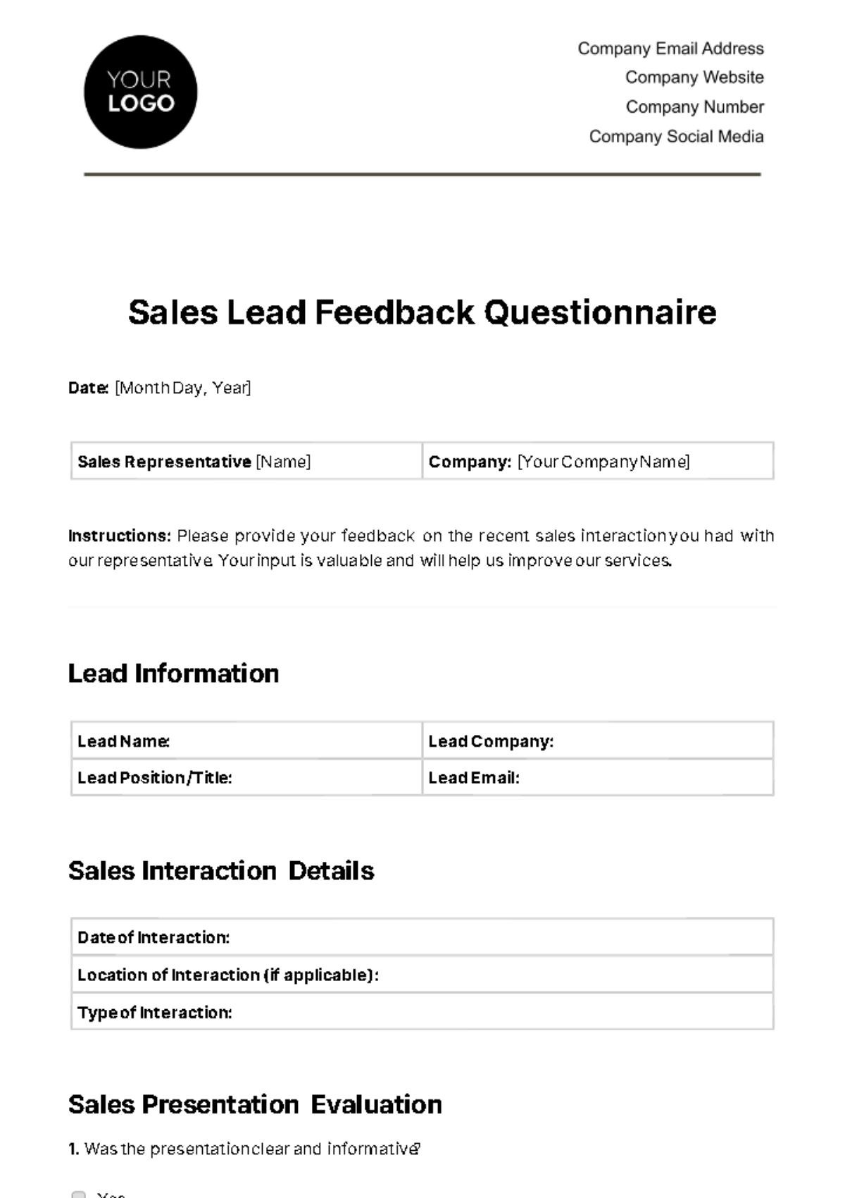 Sales Lead Feedback Questionnaire Template