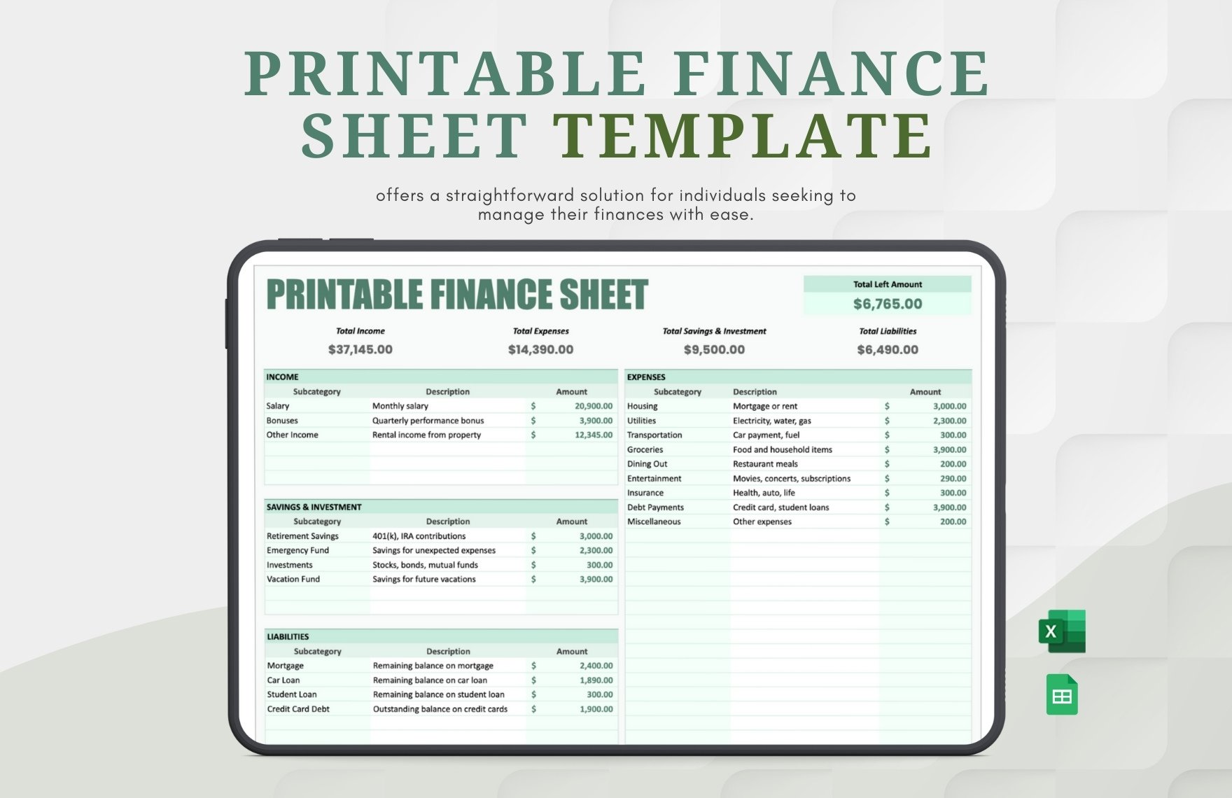 Printable Finance Sheet Template