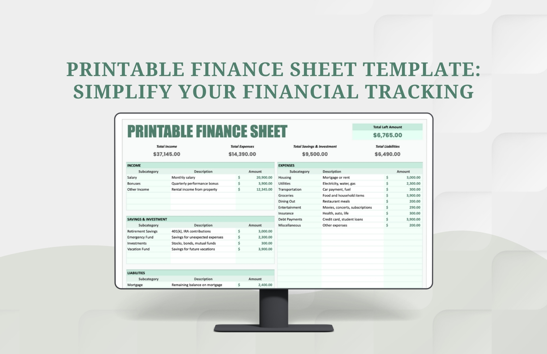 Printable Finance Sheet Template