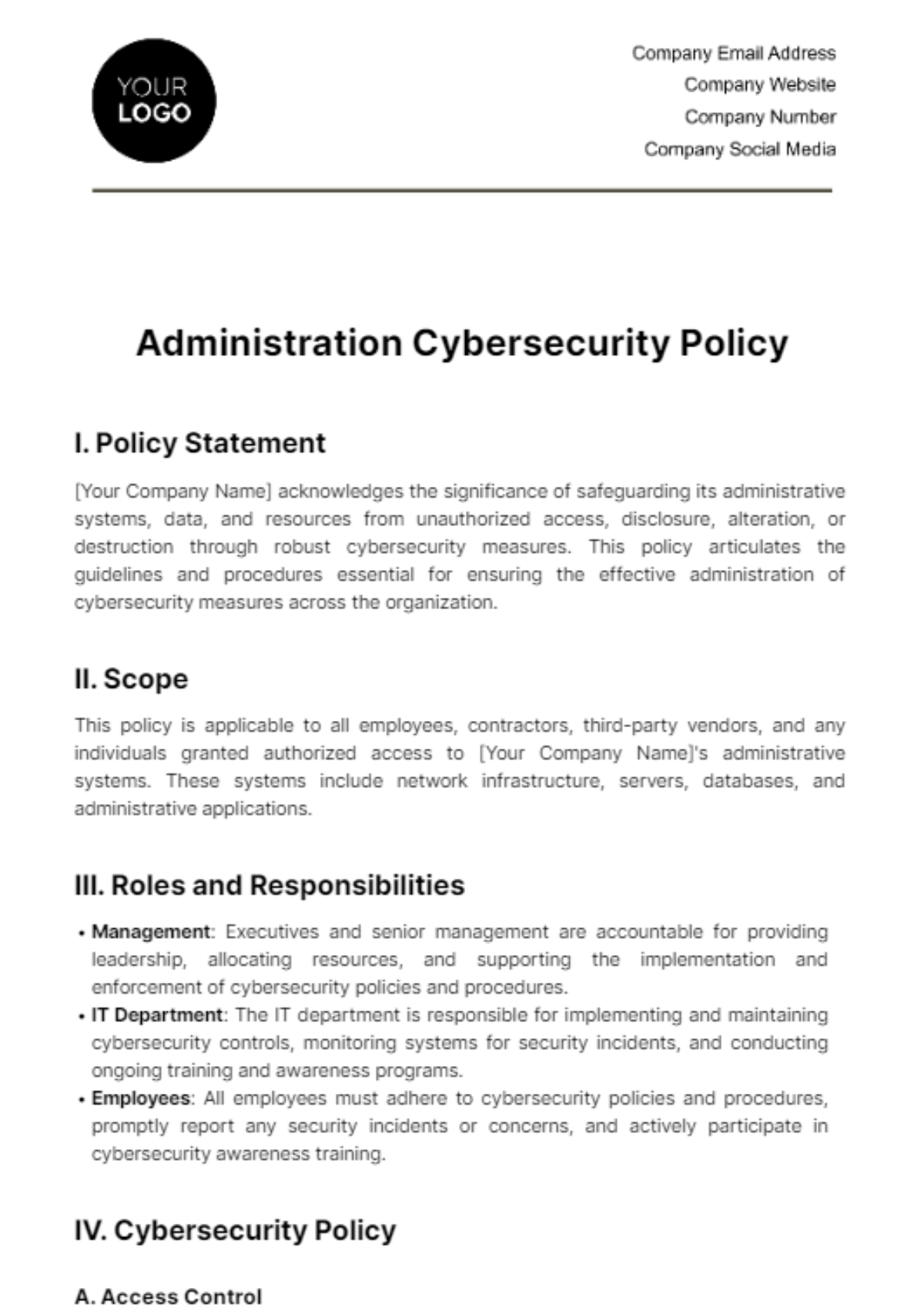 Free Administration Cybersecurity Policy Template