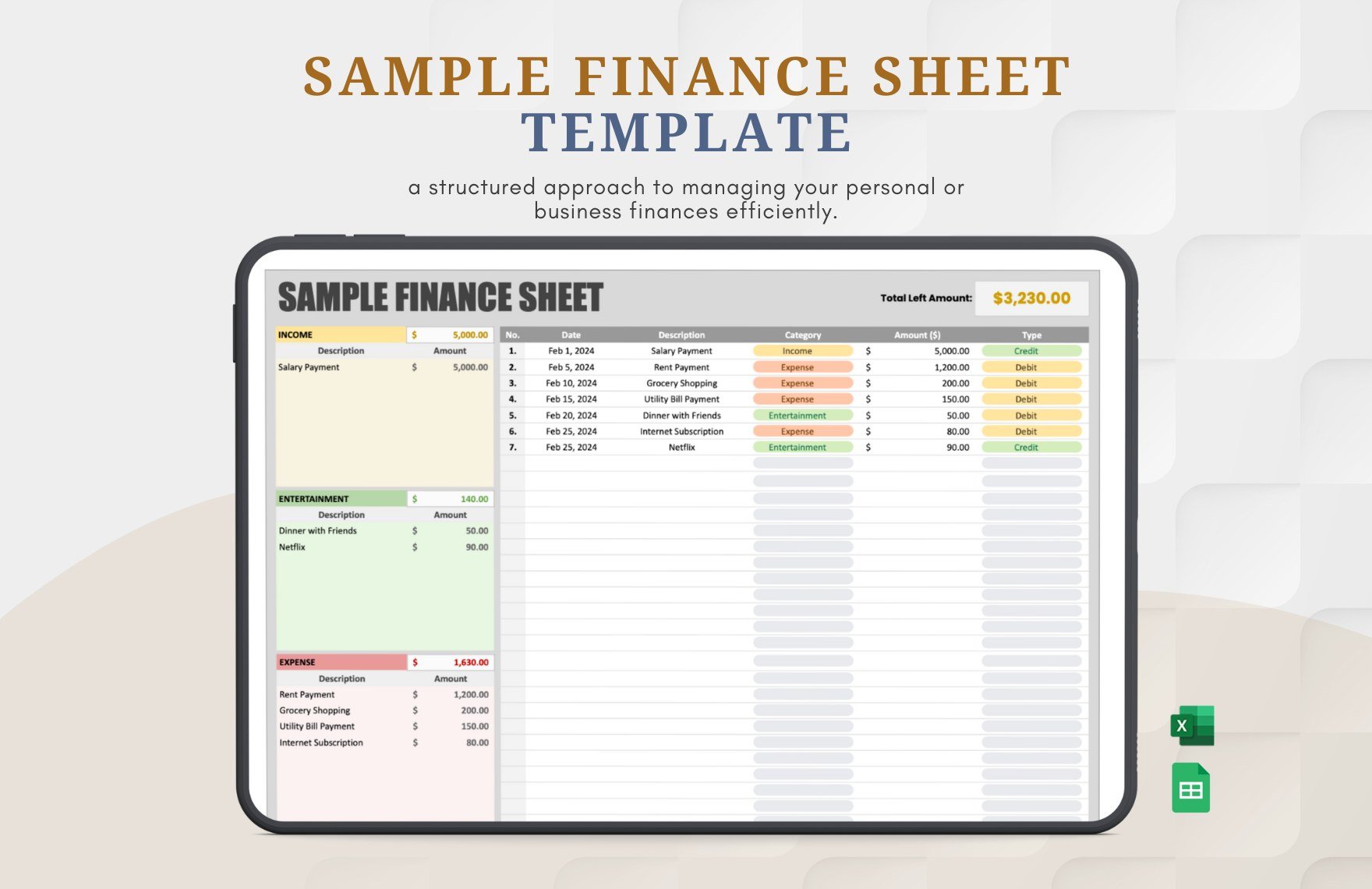 Free Sample Finance Sheet Template in Excel, Google Sheets