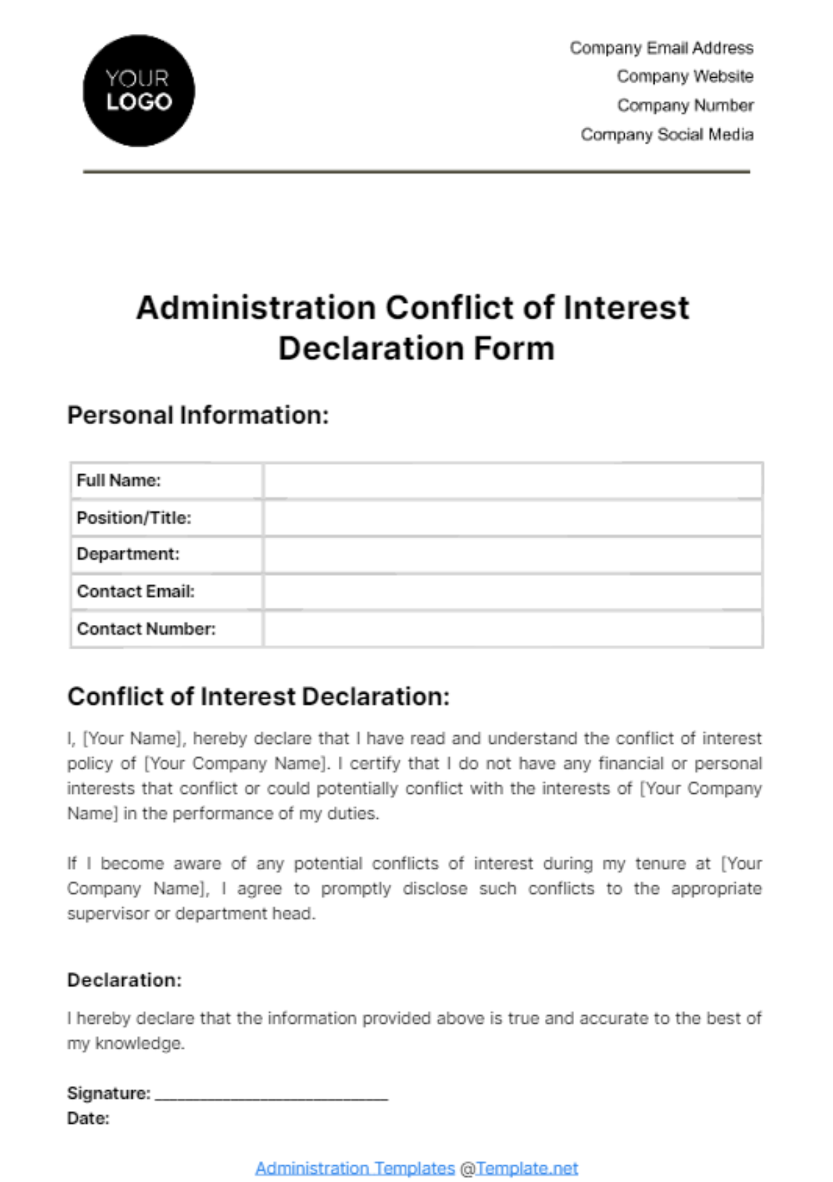 Administration Conflict of Interest Declaration Form Template