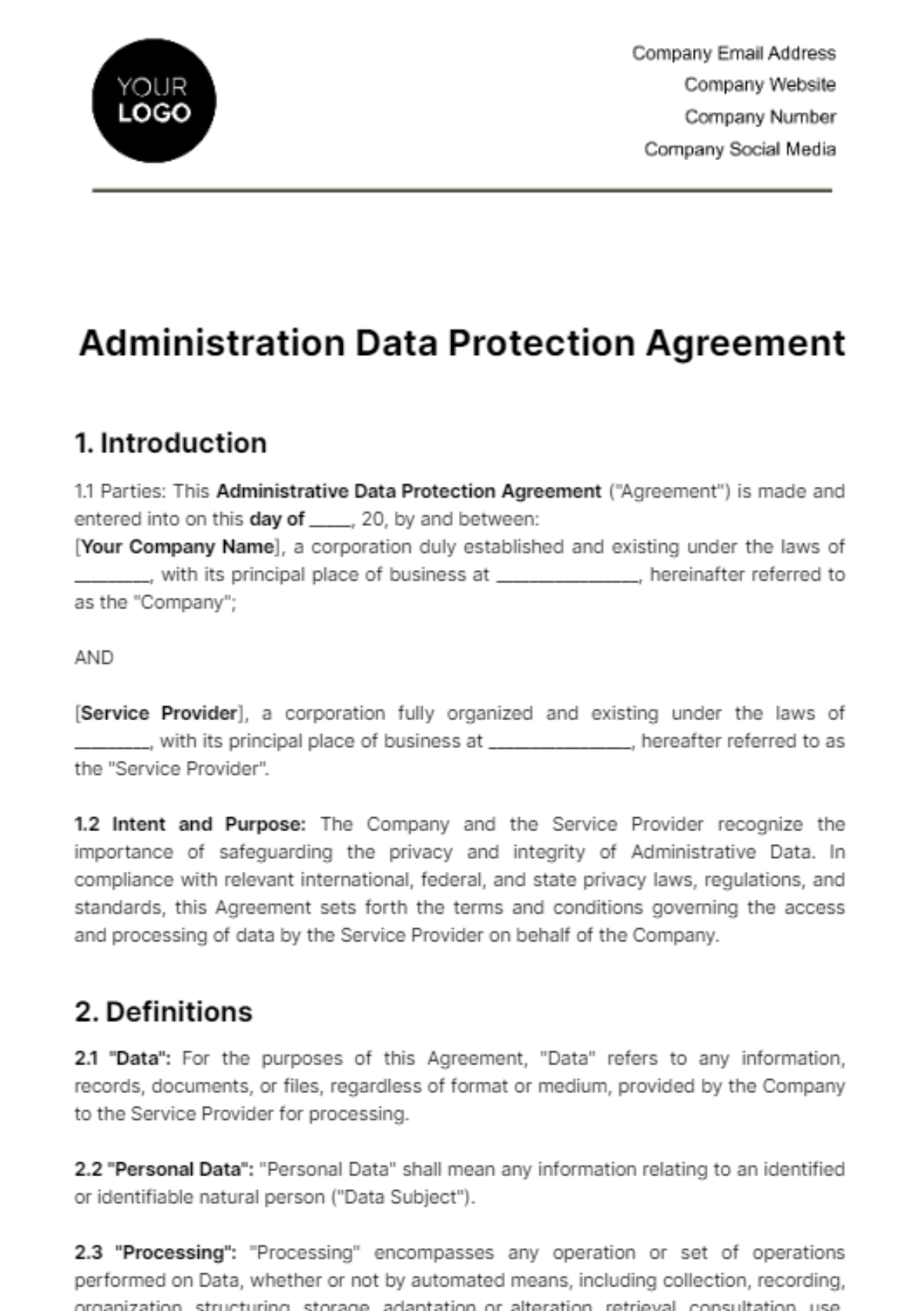 Free Administration Data Protection Agreement Template