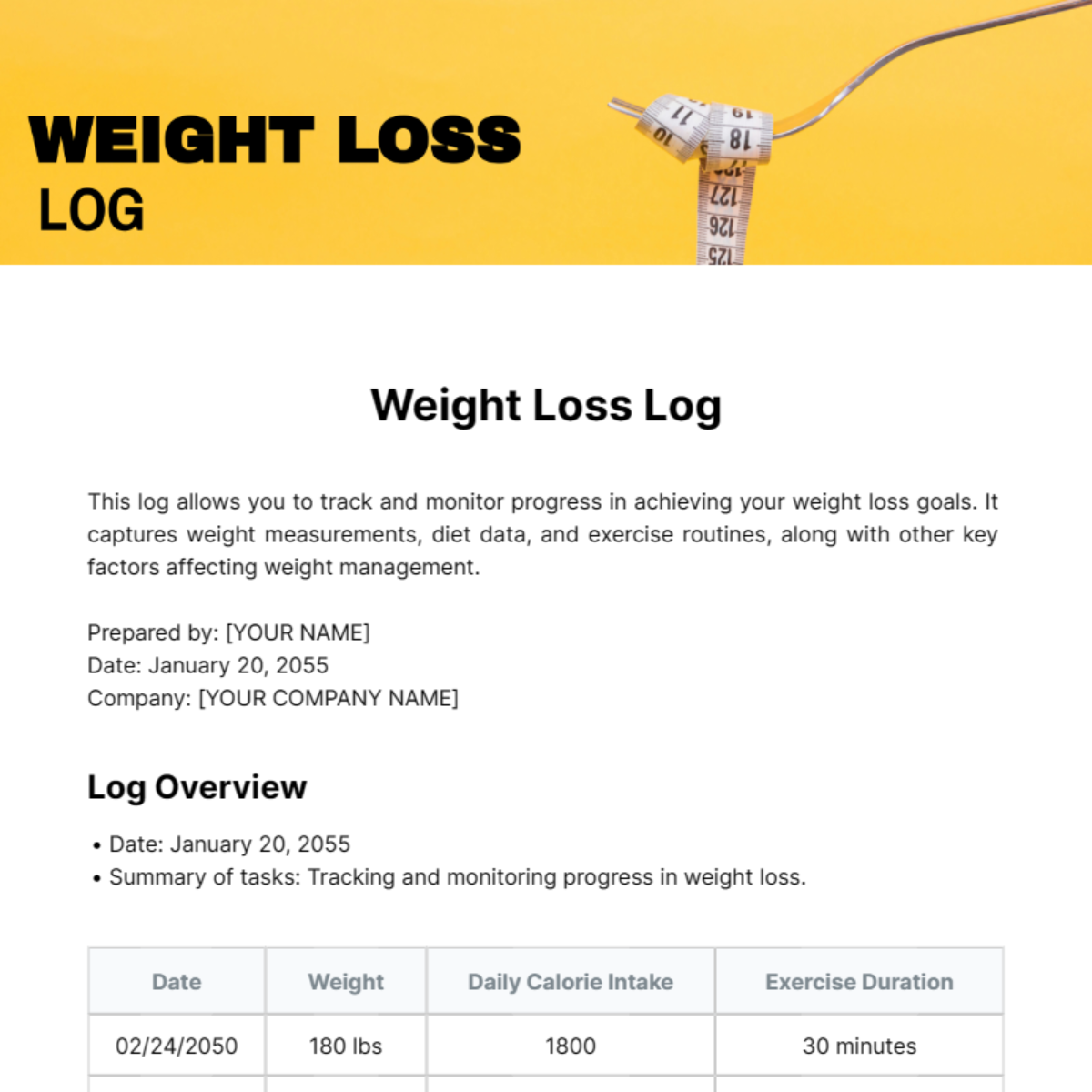 Weight Loss Log Template