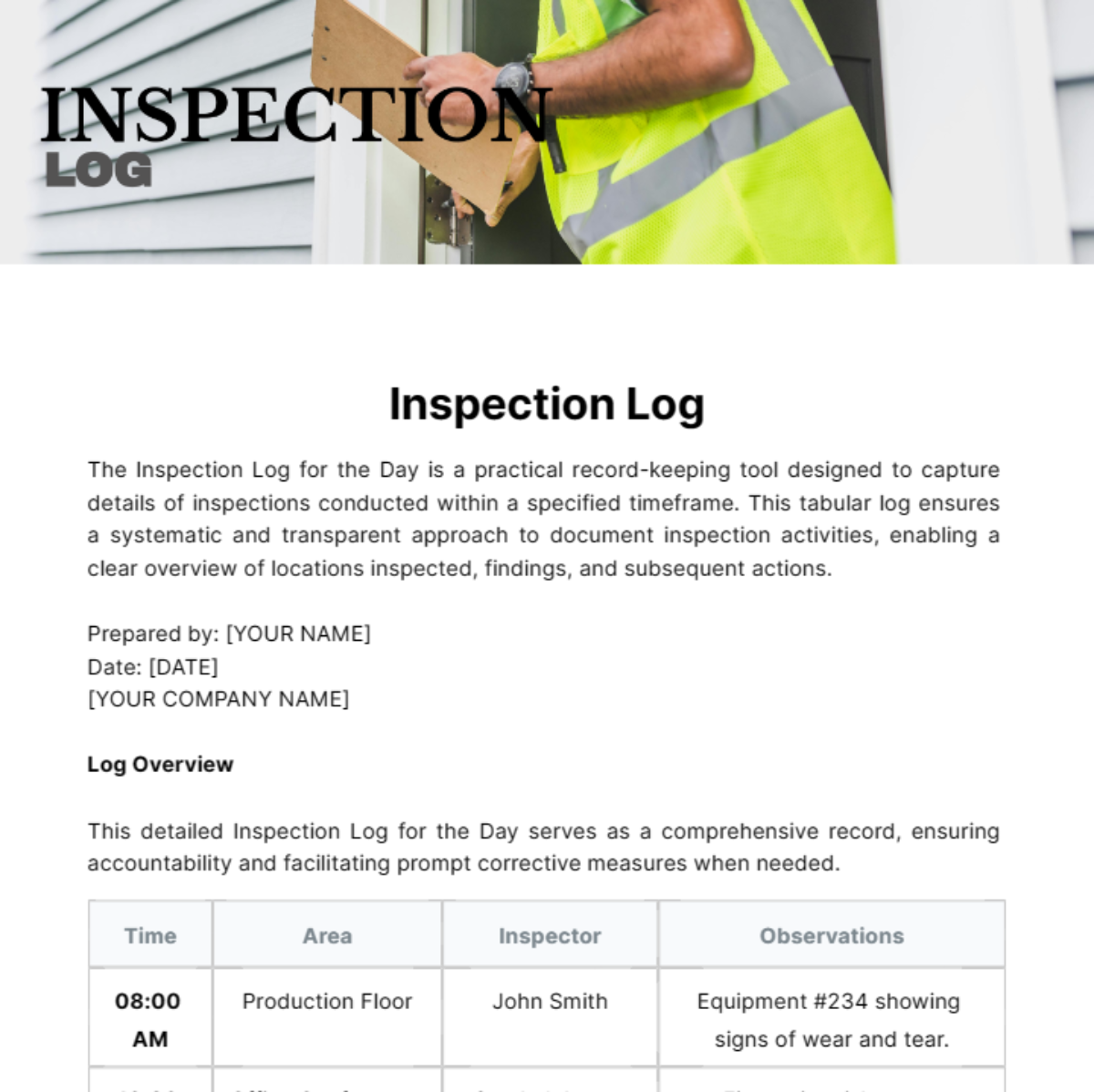 Free Inspection Log Template