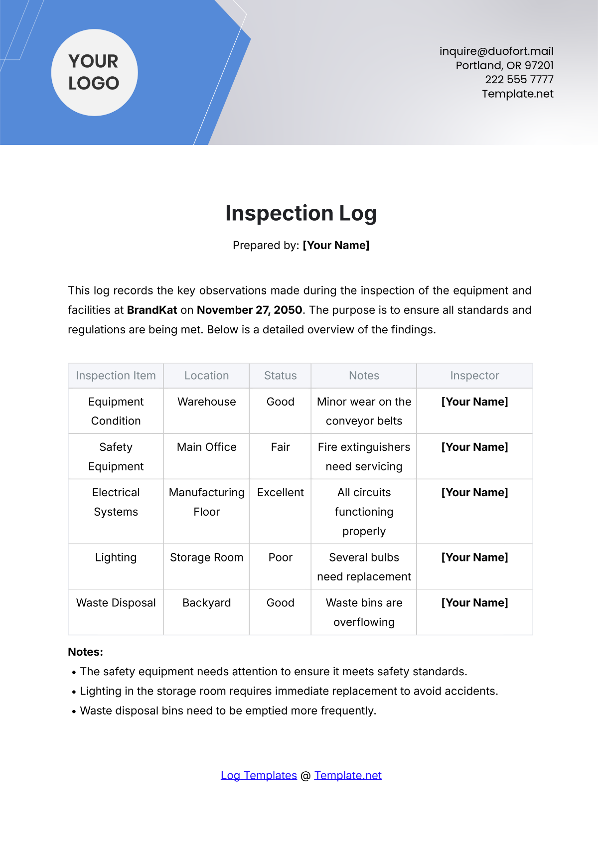 Inspection Log Template - Edit Online & Download