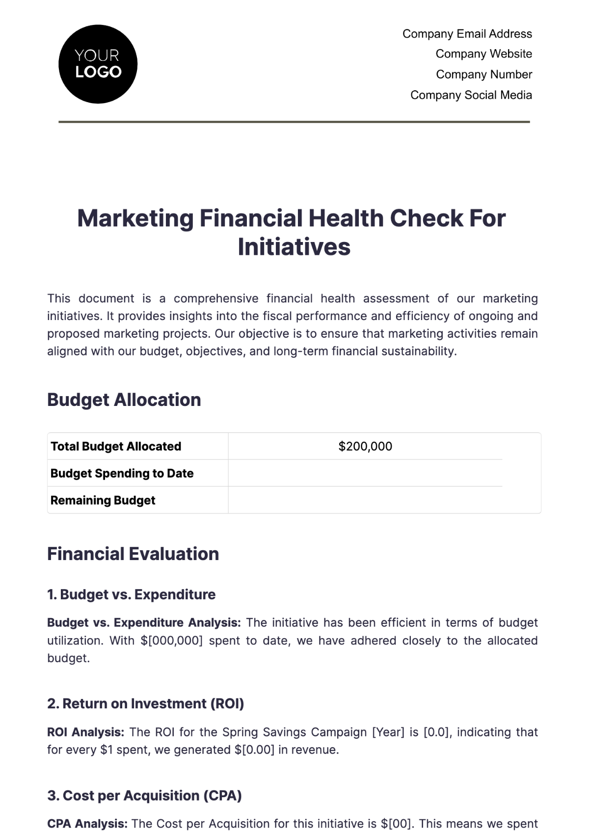 Marketing Financial Health Check for Initiatives Template - Edit Online & Download