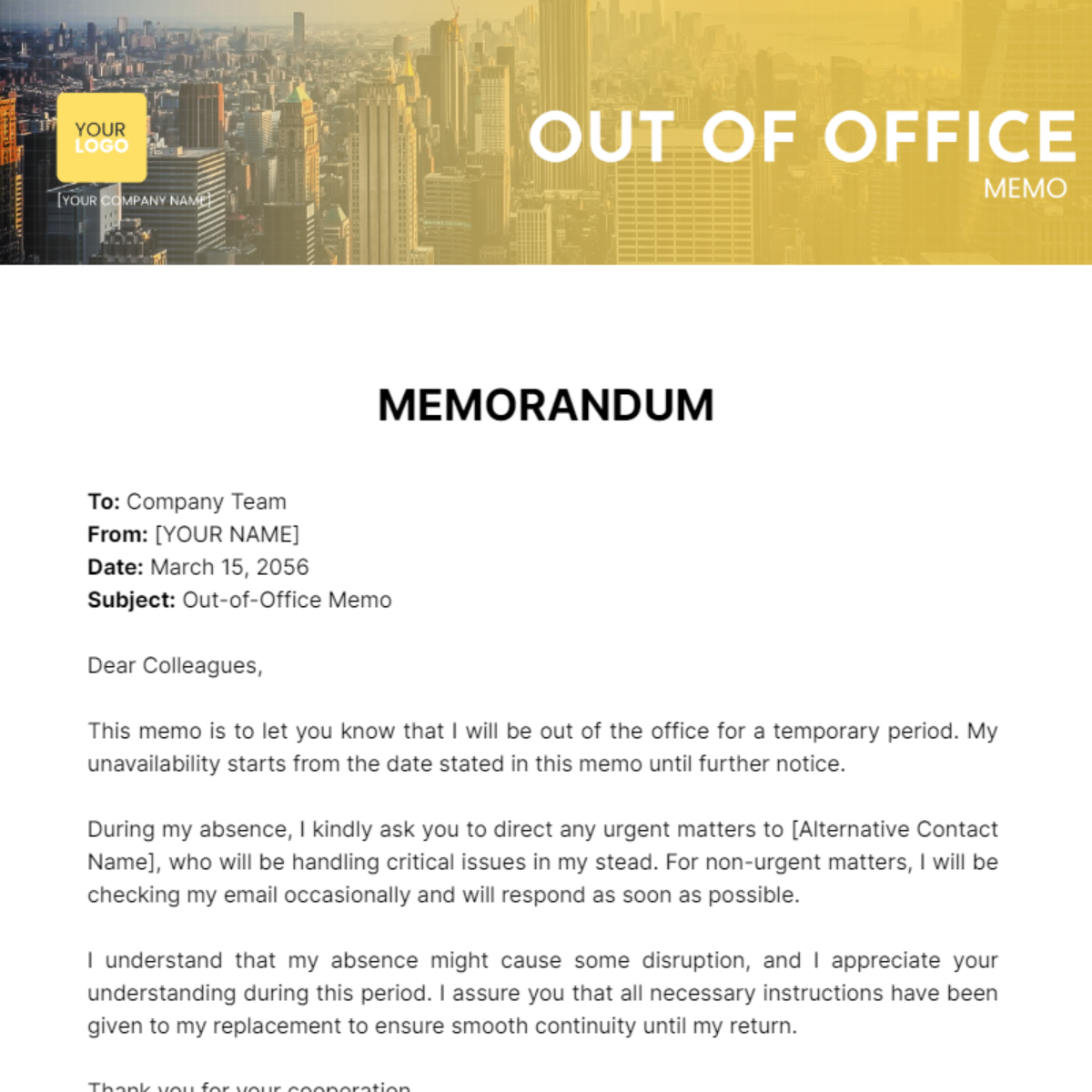 Out of Office Memo - Edit Online & Download