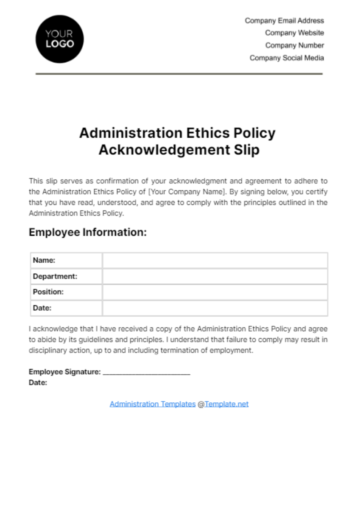 Administration Ethics Policy Acknowledgment Slip Template