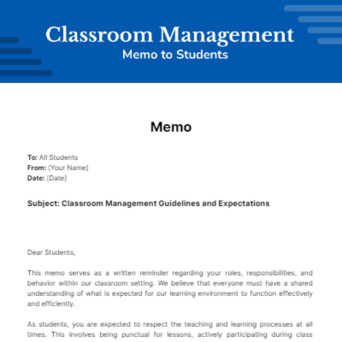 Classroom Management Memo To Students - Edit Online & Download