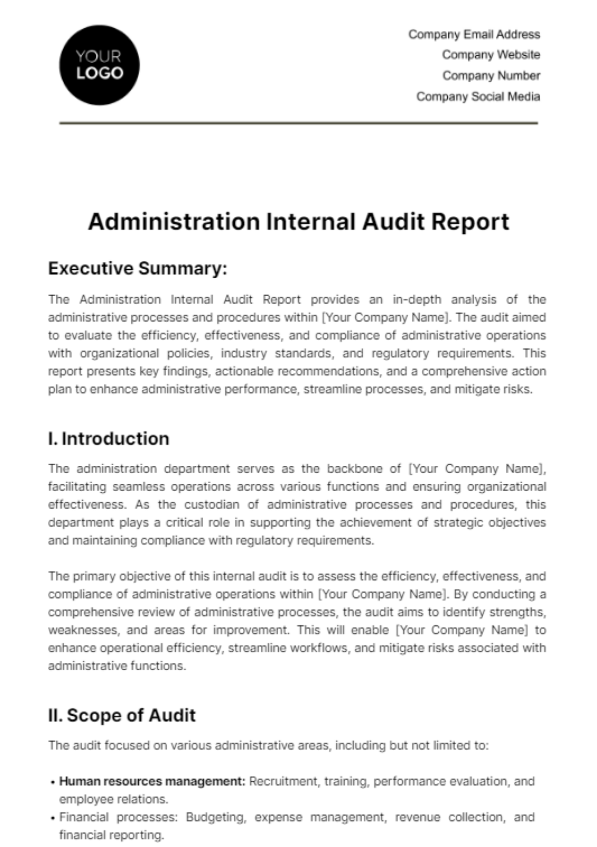 Free Administration Internal Audit Report Template