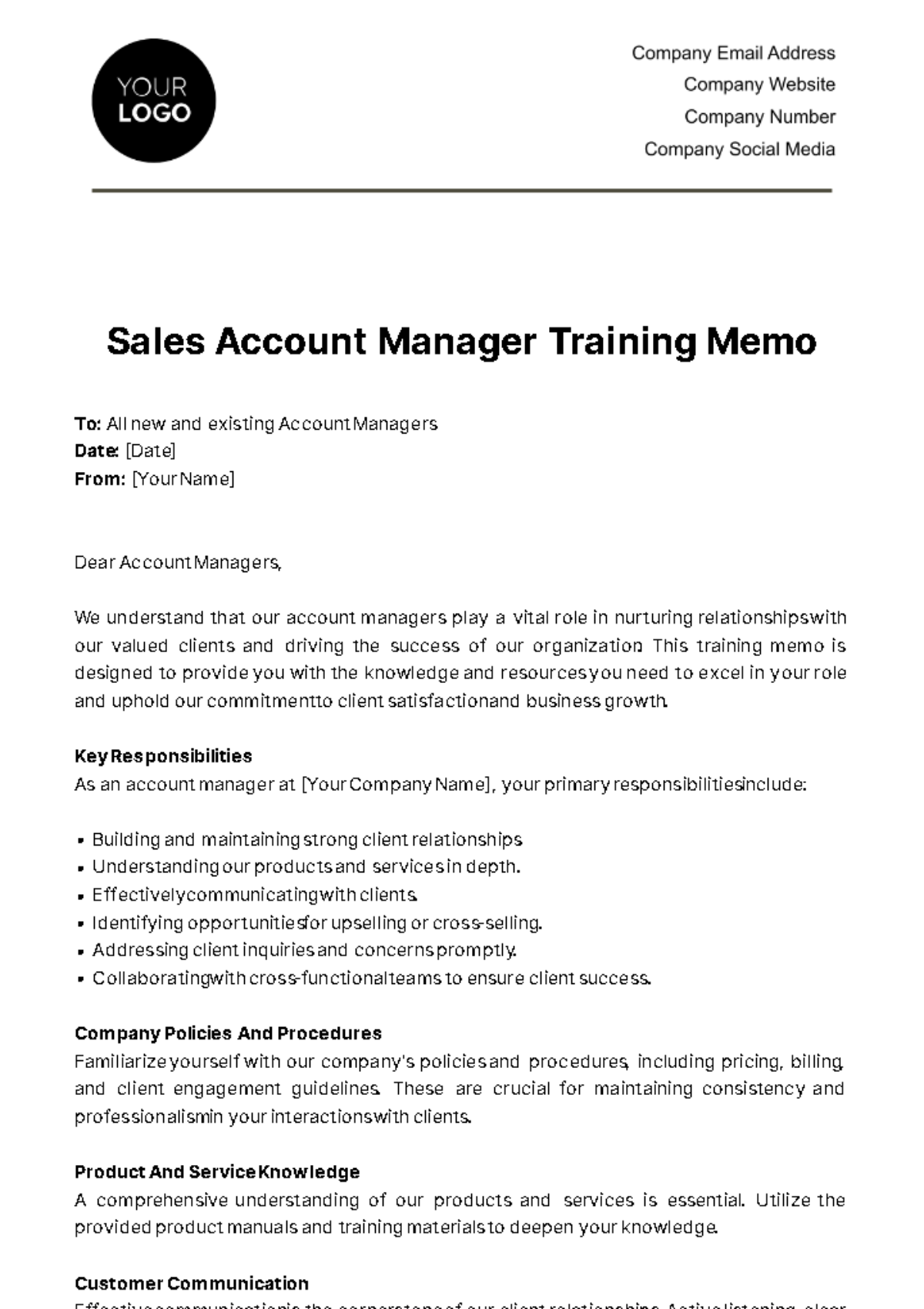 Sales Account Manager Training Memo Template
