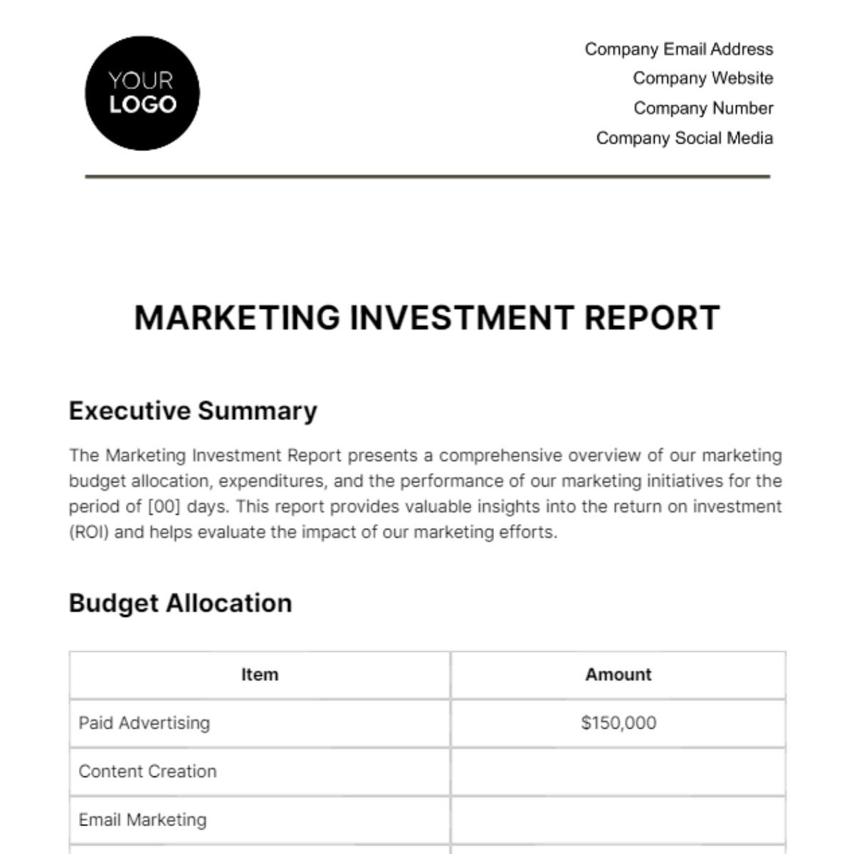 Free Marketing Investment Report Template
