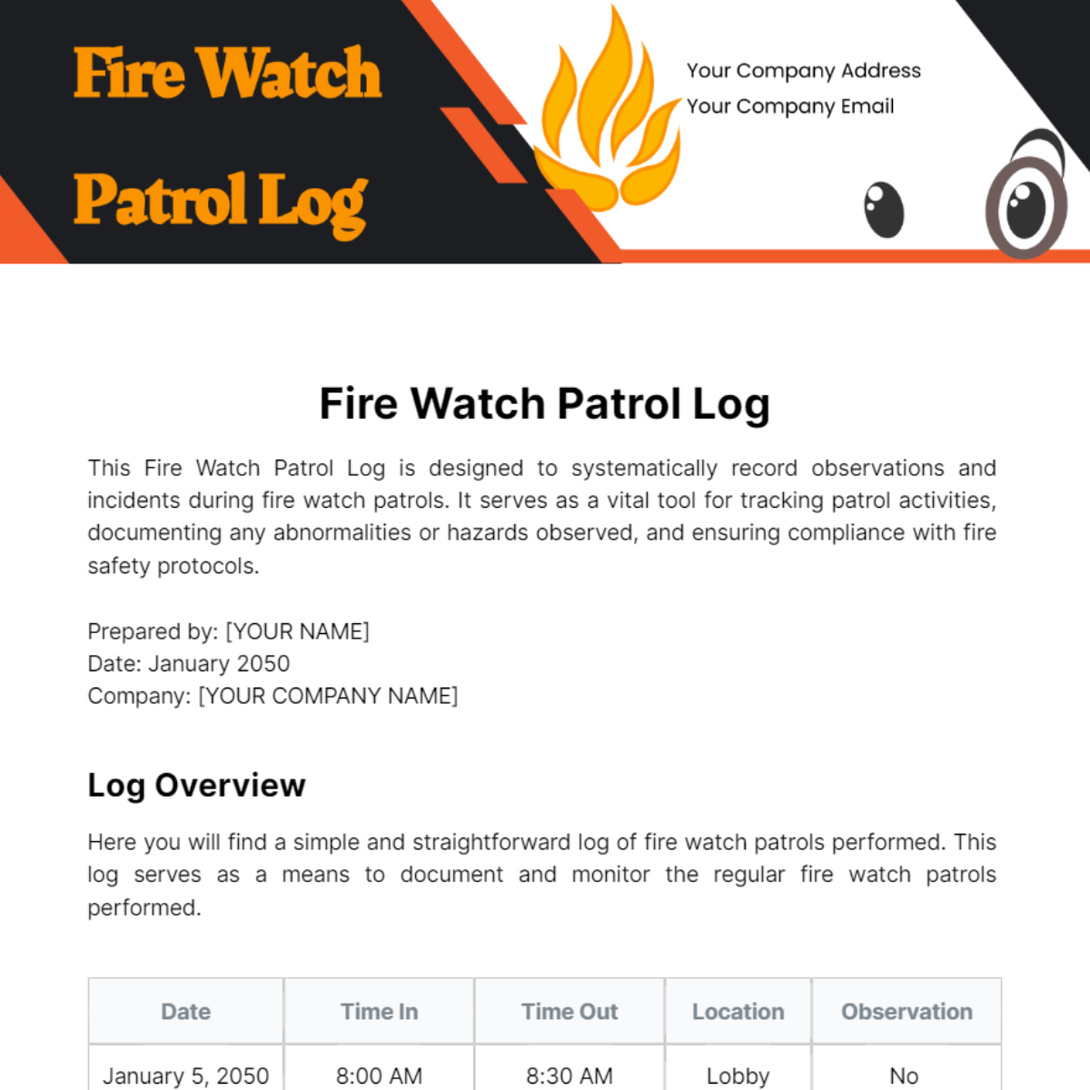 Free Fire Watch Patrol Log Template