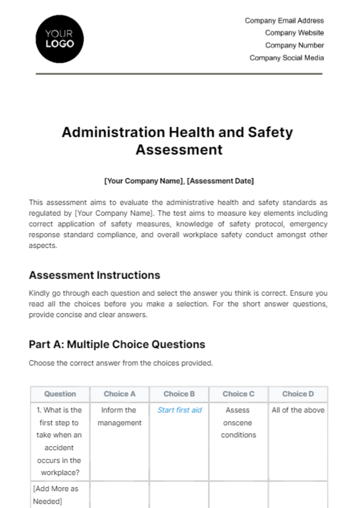 Free Administration Health and Safety Assessment Template