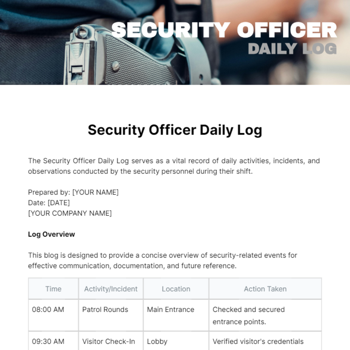 Free Security Officer Daily Log Template