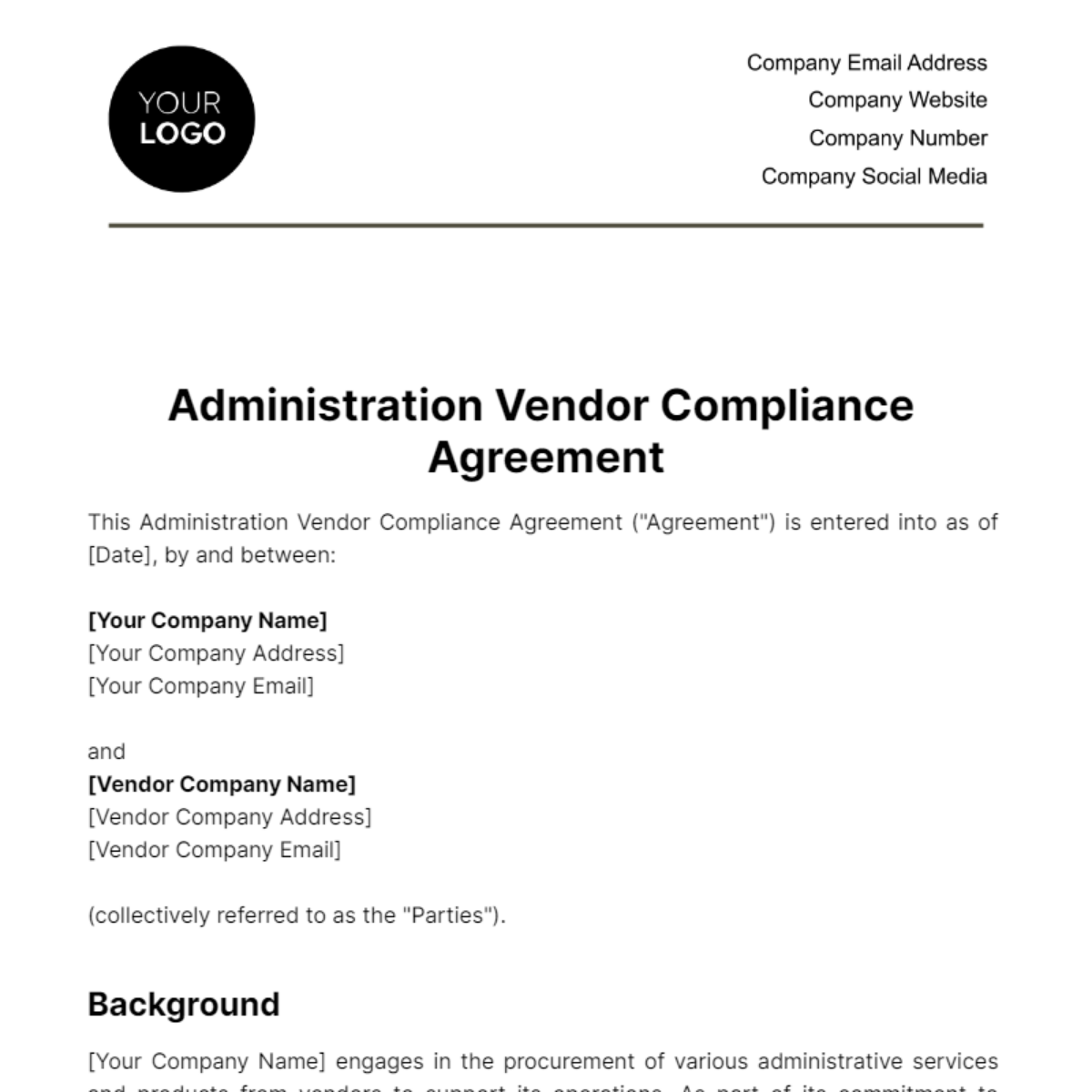 Administration Vendor Compliance Agreement Template - Edit Online ...