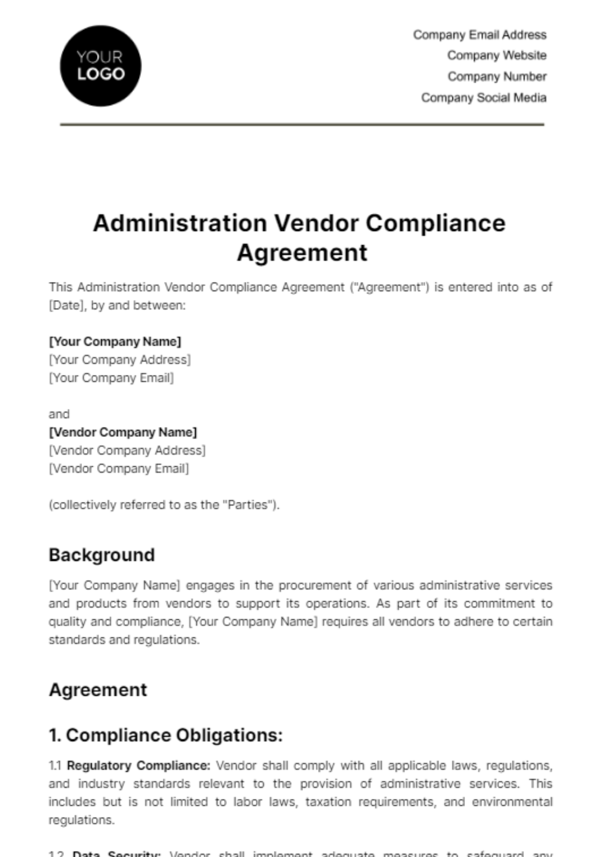 Free Administration Vendor Compliance Agreement Template